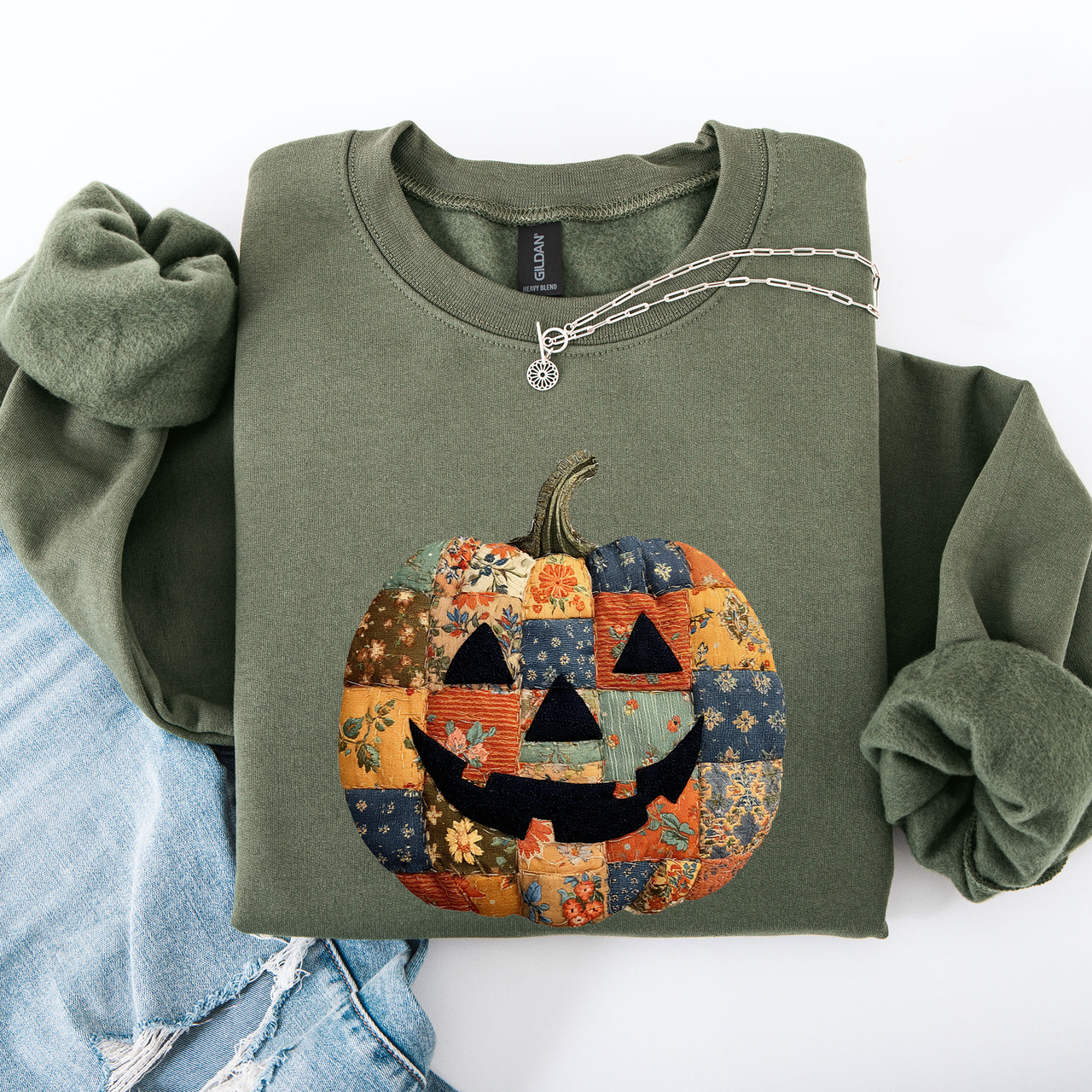 Jack O Lantern Faux Quilt Pumpkin Halloween Fall Autumn Cozy Patchwork Style Sweatshirt