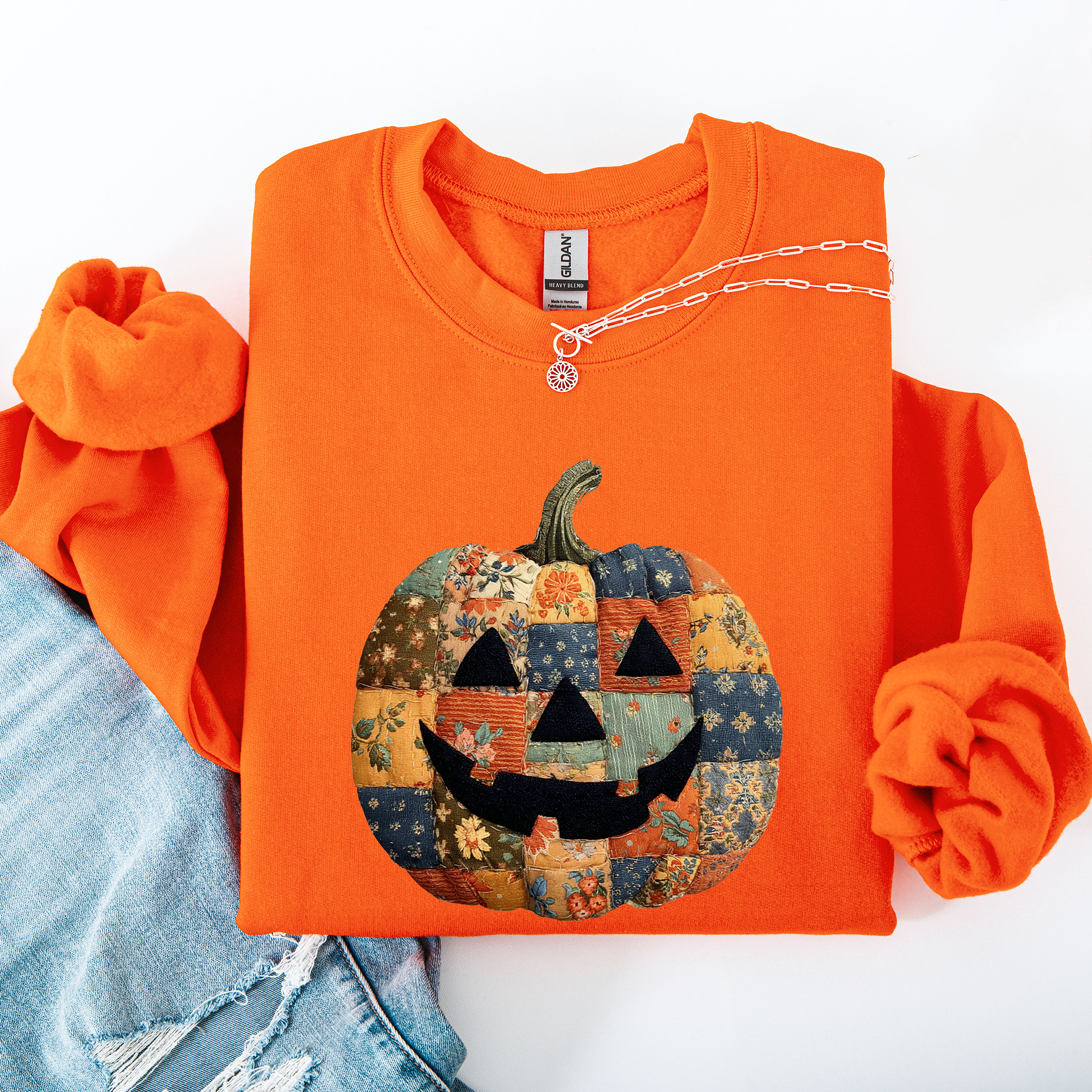 Jack O Lantern Faux Quilt Pumpkin Halloween Fall Autumn Cozy Patchwork Style Sweatshirt