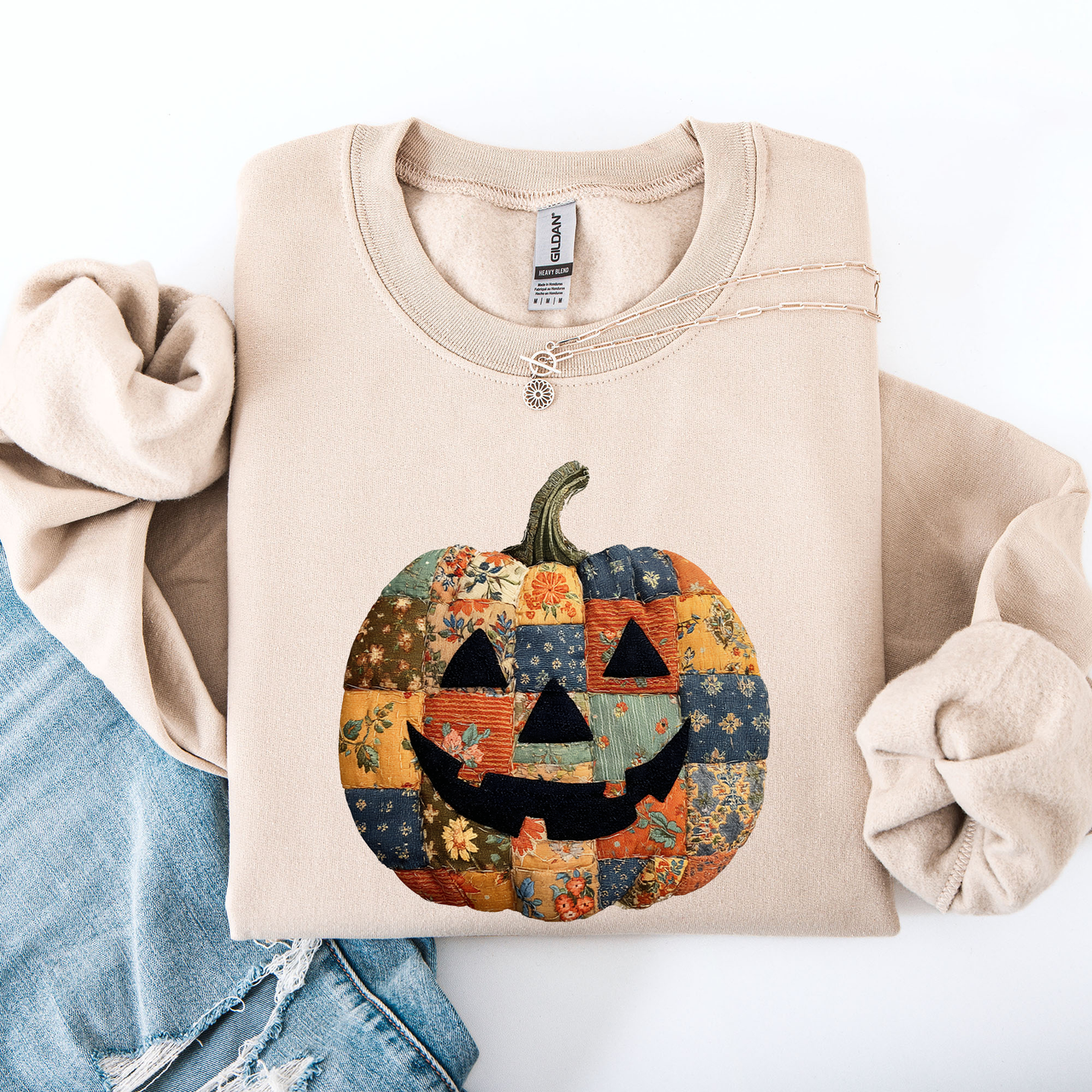 Jack O Lantern Faux Quilt Pumpkin Halloween Fall Autumn Cozy Patchwork Style Sweatshirt