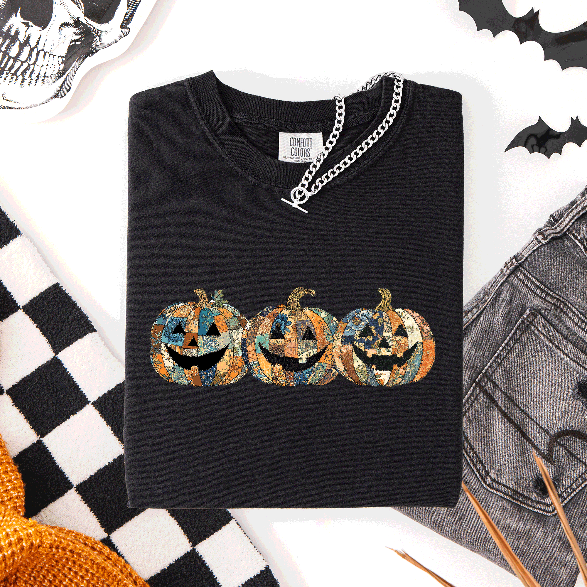 Jack O Lanterns Faux Quilt Classic Halloween Fall Autumn Trad Comfort Colors Tee