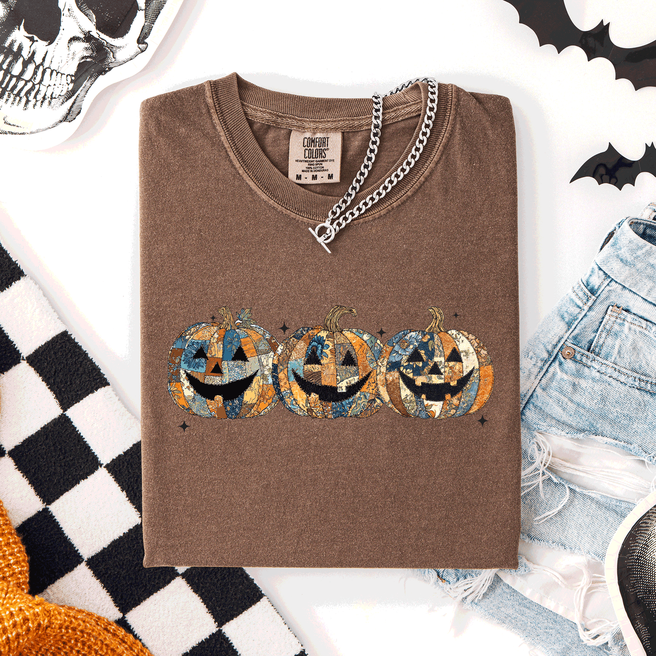 Jack O Lanterns Faux Quilt Classic Halloween Fall Autumn Trad Comfort Colors Tee