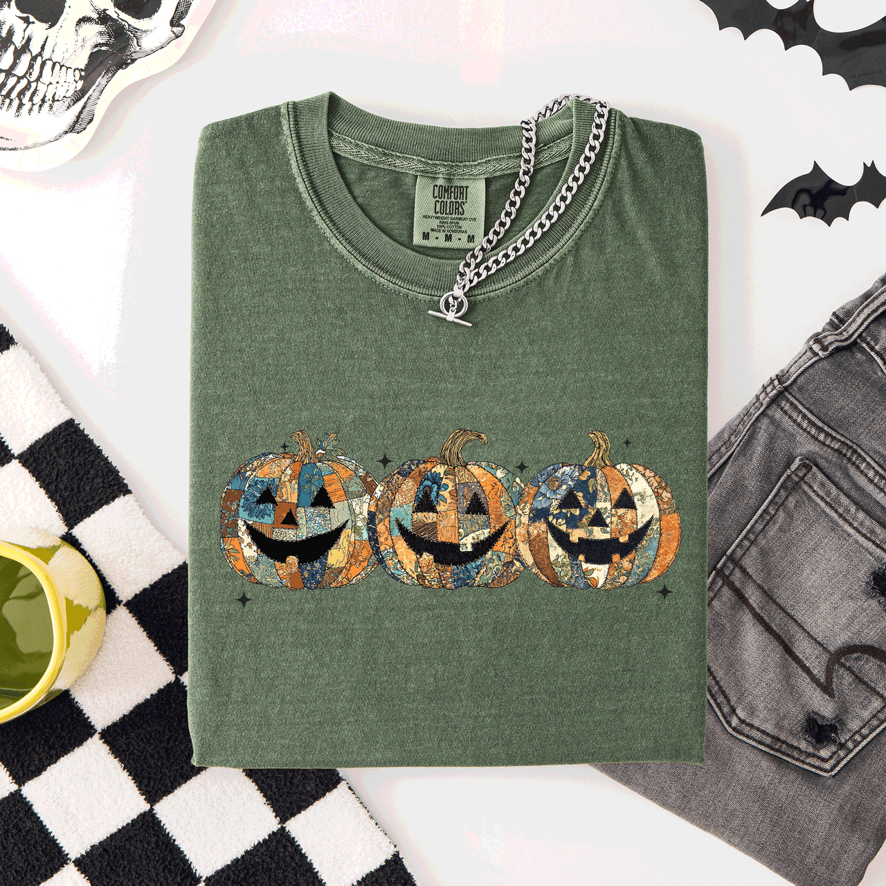 Jack O Lanterns Faux Quilt Classic Halloween Fall Autumn Trad Comfort Colors Tee