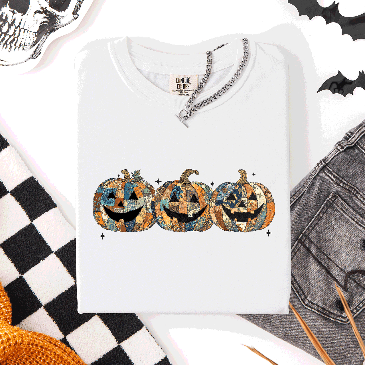 Jack O Lanterns Faux Quilt Classic Halloween Fall Autumn Trad Comfort Colors Tee