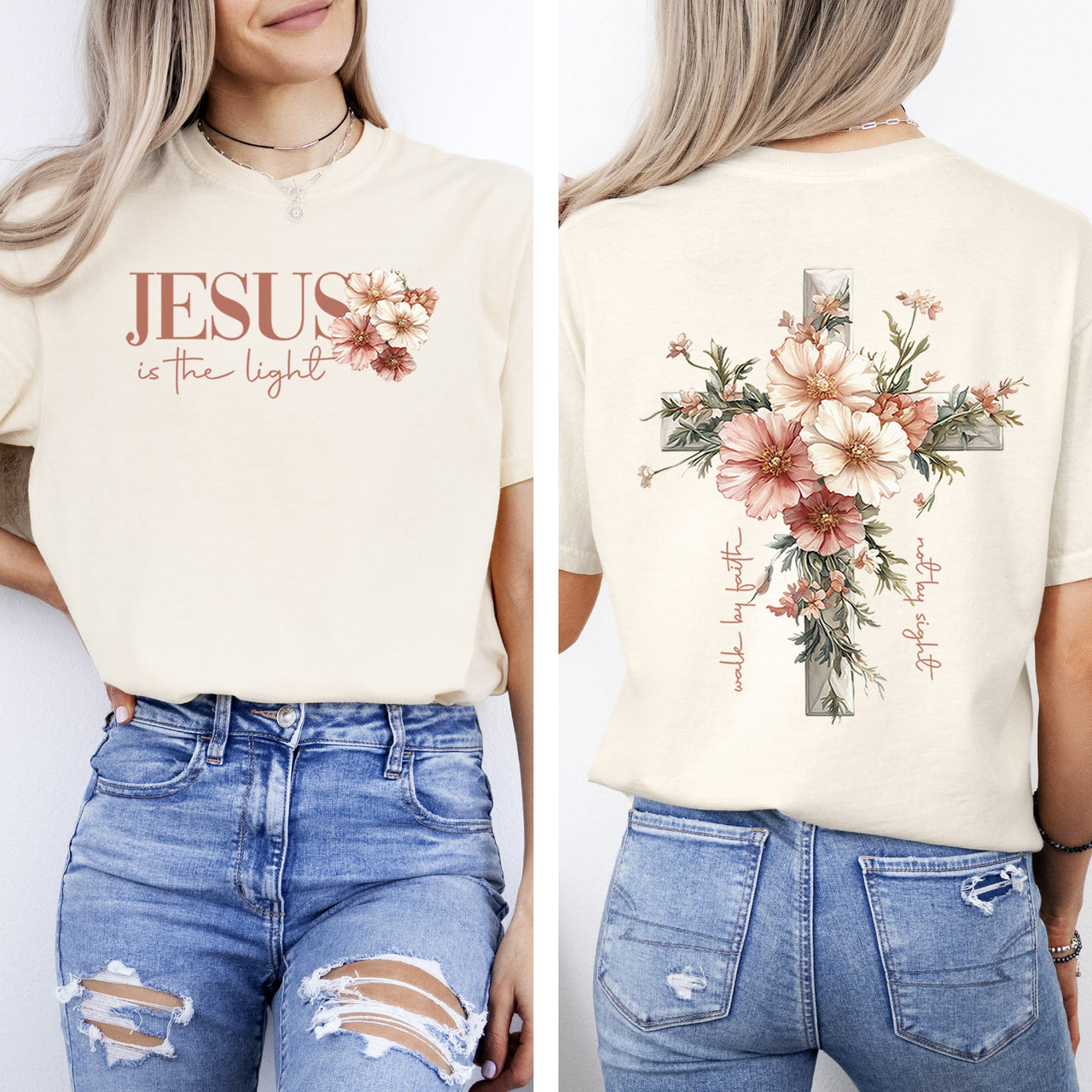 Jesus Is The Light Floral Cross Gospel Faith Saved Christian Inspirational Cross Comfort Colors Tee