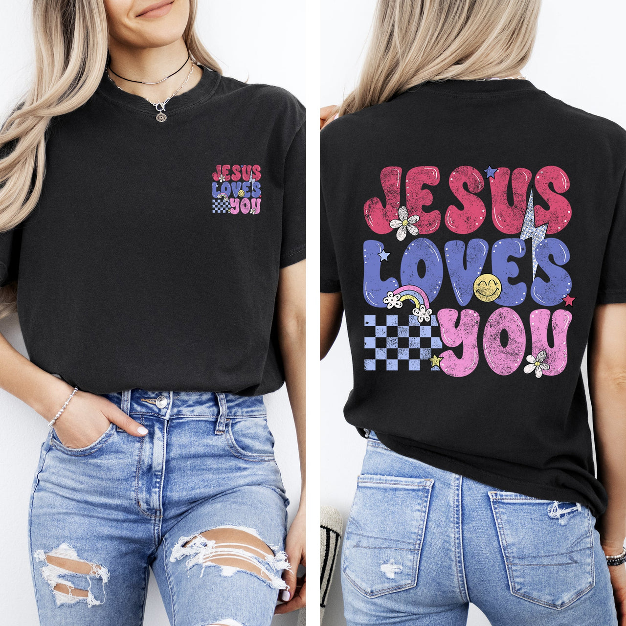 Jesus Loves You Colorful Positivity Faith Gospel Bible Love Front And Back Comfort Colors Tee
