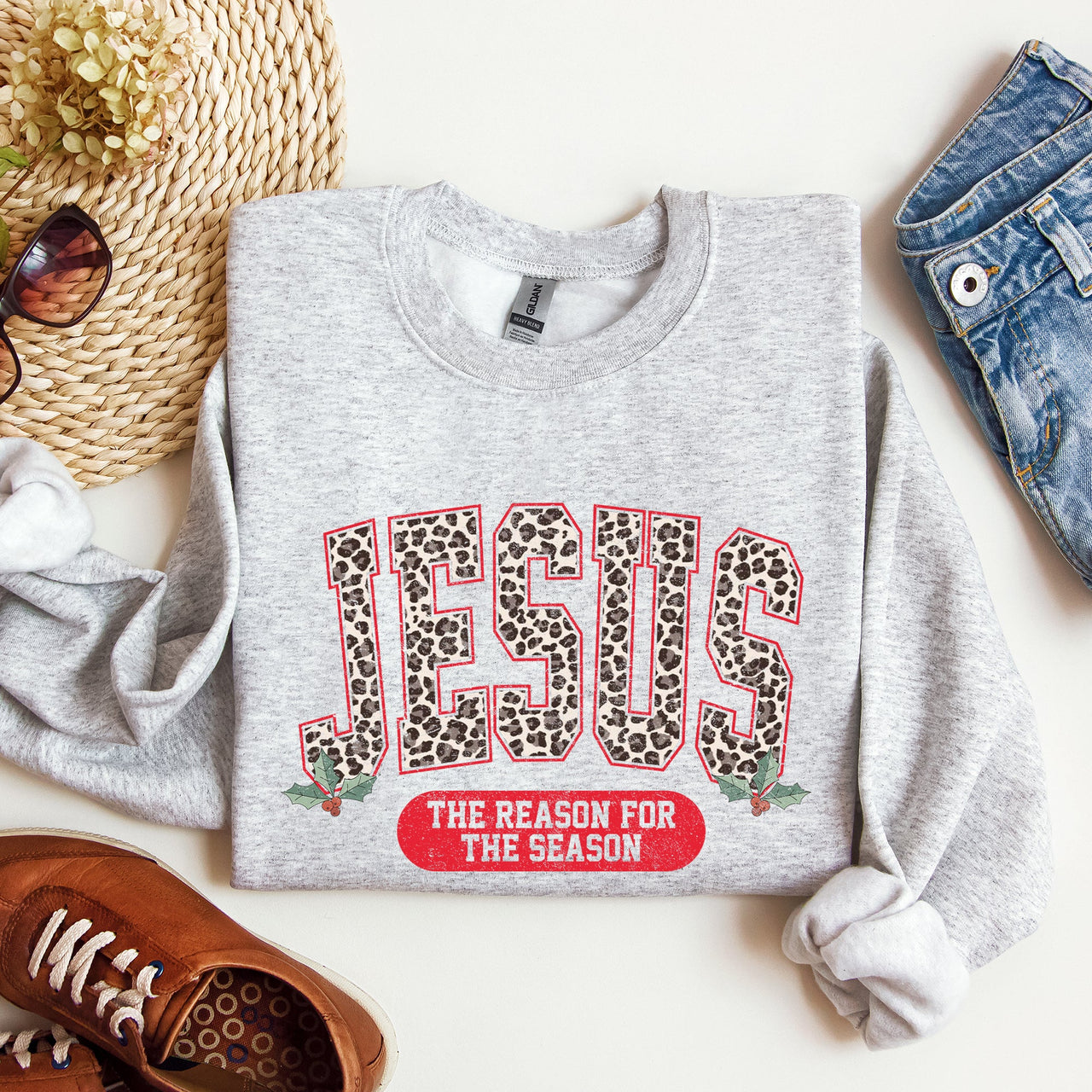 Jesus, The Reason For The Season Leopard Print Christian Faith Christmas Statement Sweatshirt