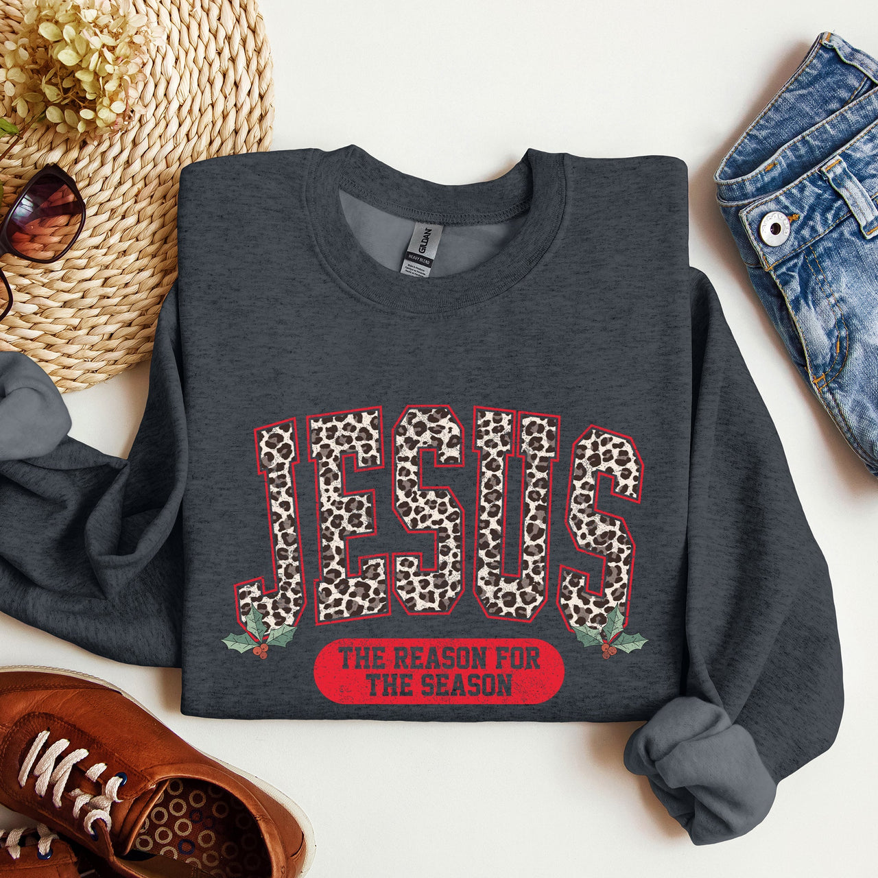 Jesus, The Reason For The Season Leopard Print Christian Faith Christmas Statement Sweatshirt