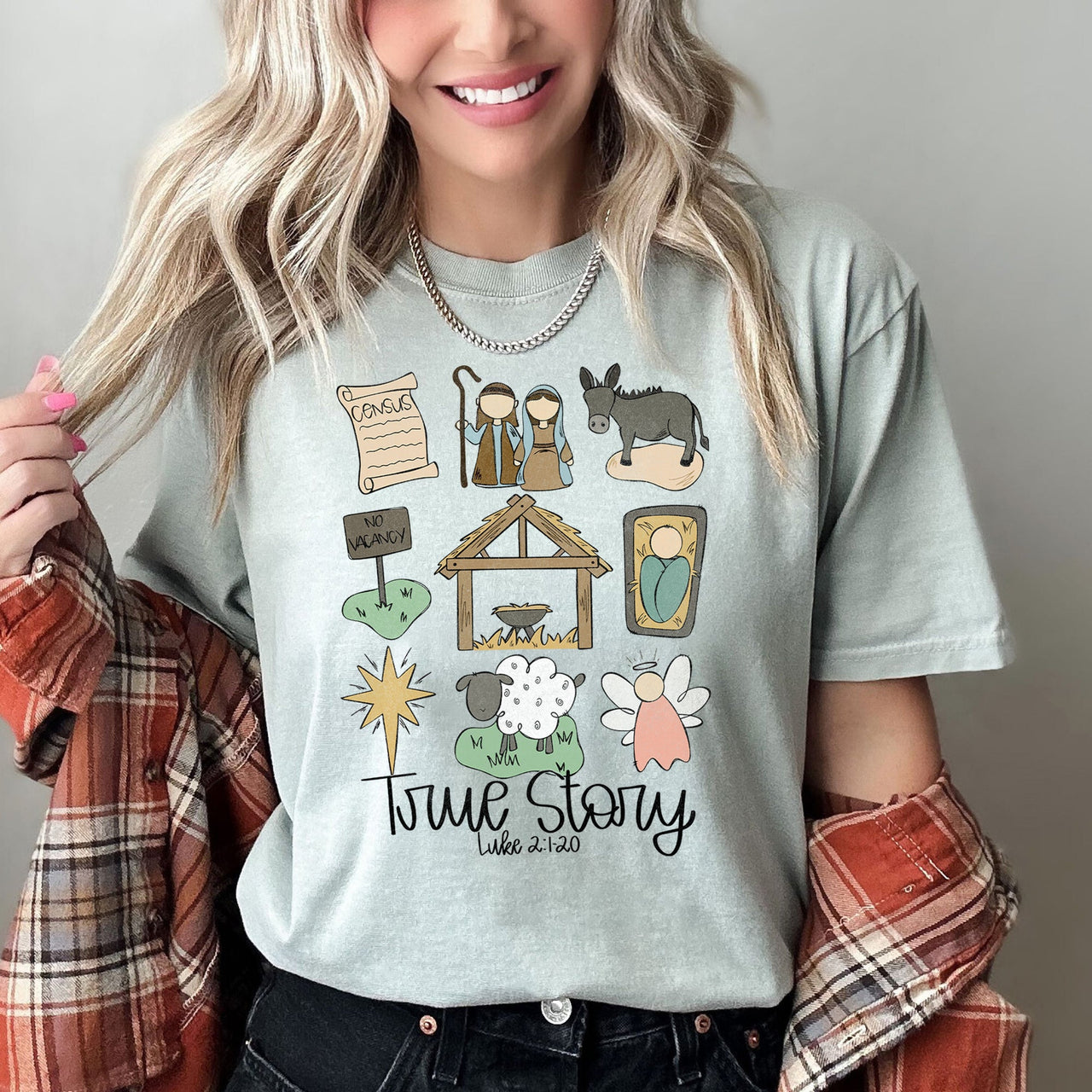 Jesus True Story Luke 2-120 Manger Nativity Christmas Scripture Comfort Colors Tee