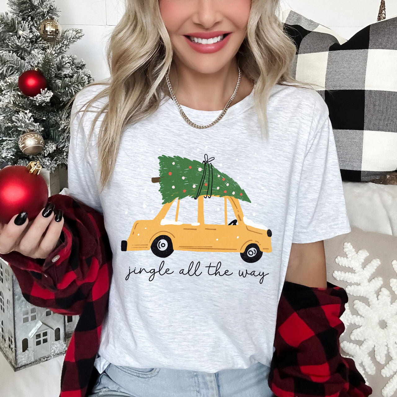 Jingle All The Way Retro Car Christmas Tree Snow Holiday Scene Festive Night Lights Graphic Tee