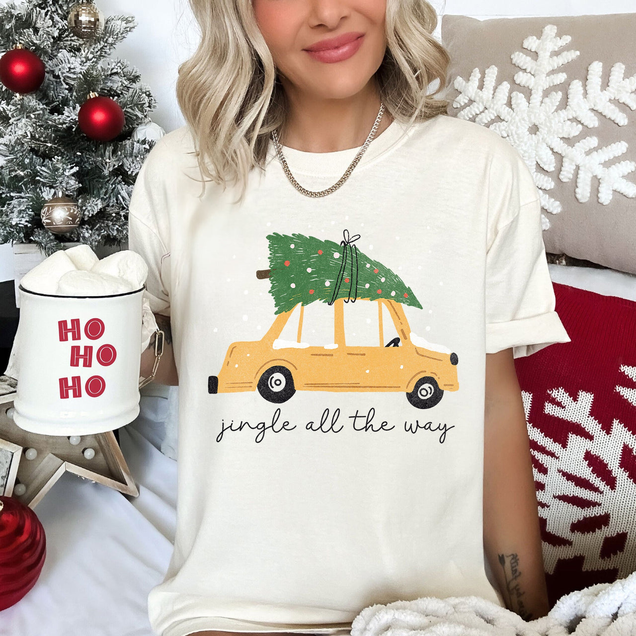 Jingle All The Way Retro Car Christmas Tree Snow Holiday Scene Comfort Colors Tee