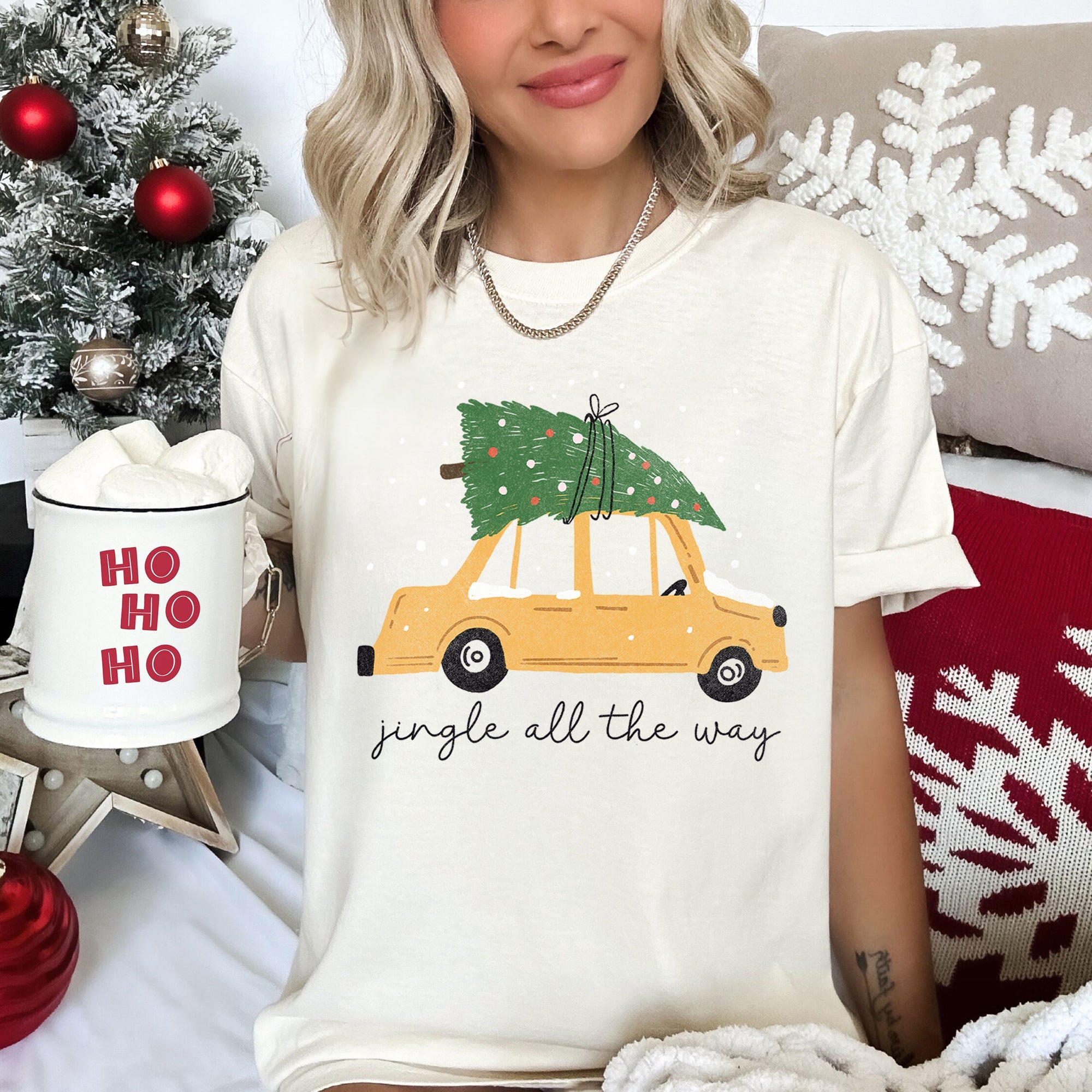 Jingle All The Way Retro Car Christmas Tree Snow Holiday Scene Comfort Colors Tee