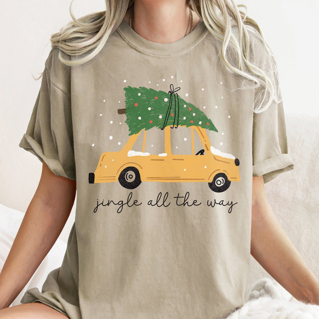 Jingle All The Way Retro Car Christmas Tree Snow Holiday Scene Comfort Colors Tee