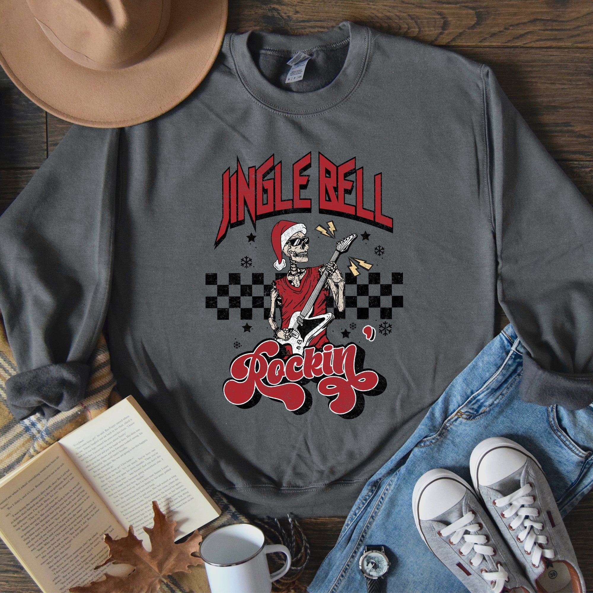 Jingle Bell Rocking Skeleton Rock Music Retro Holiday Rock Anthems Vintage Skull Edition Sweatshirt