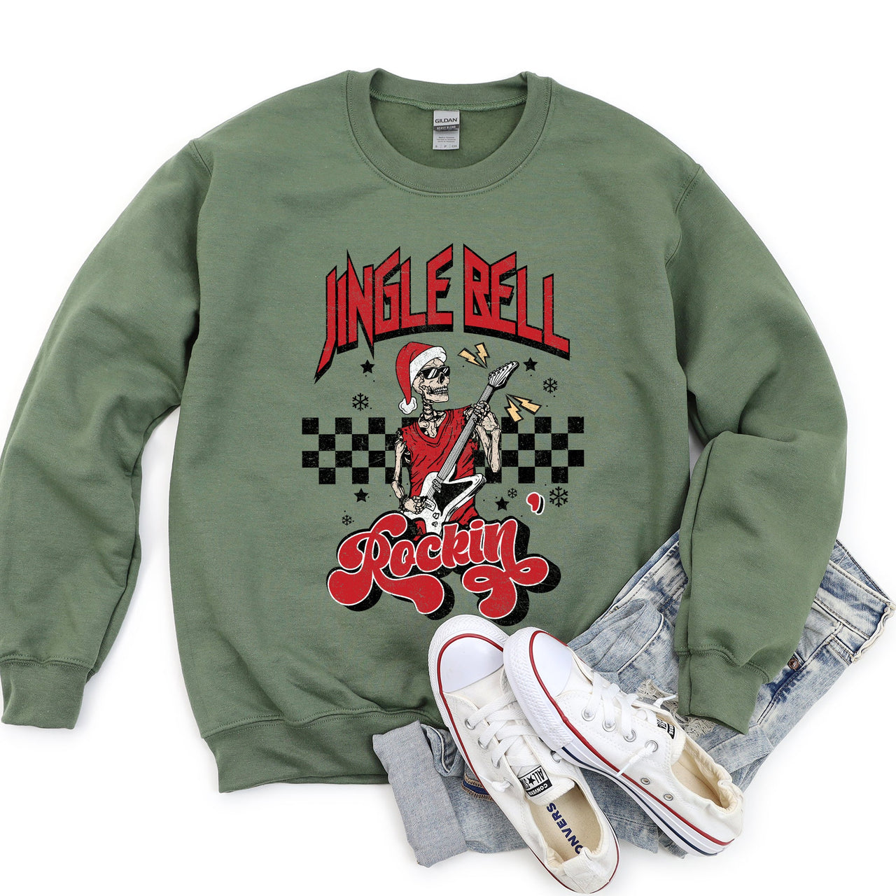 Jingle Bell Rocking Skeleton Rock Music Retro Holiday Rock Anthems Vintage Skull Edition Sweatshirt