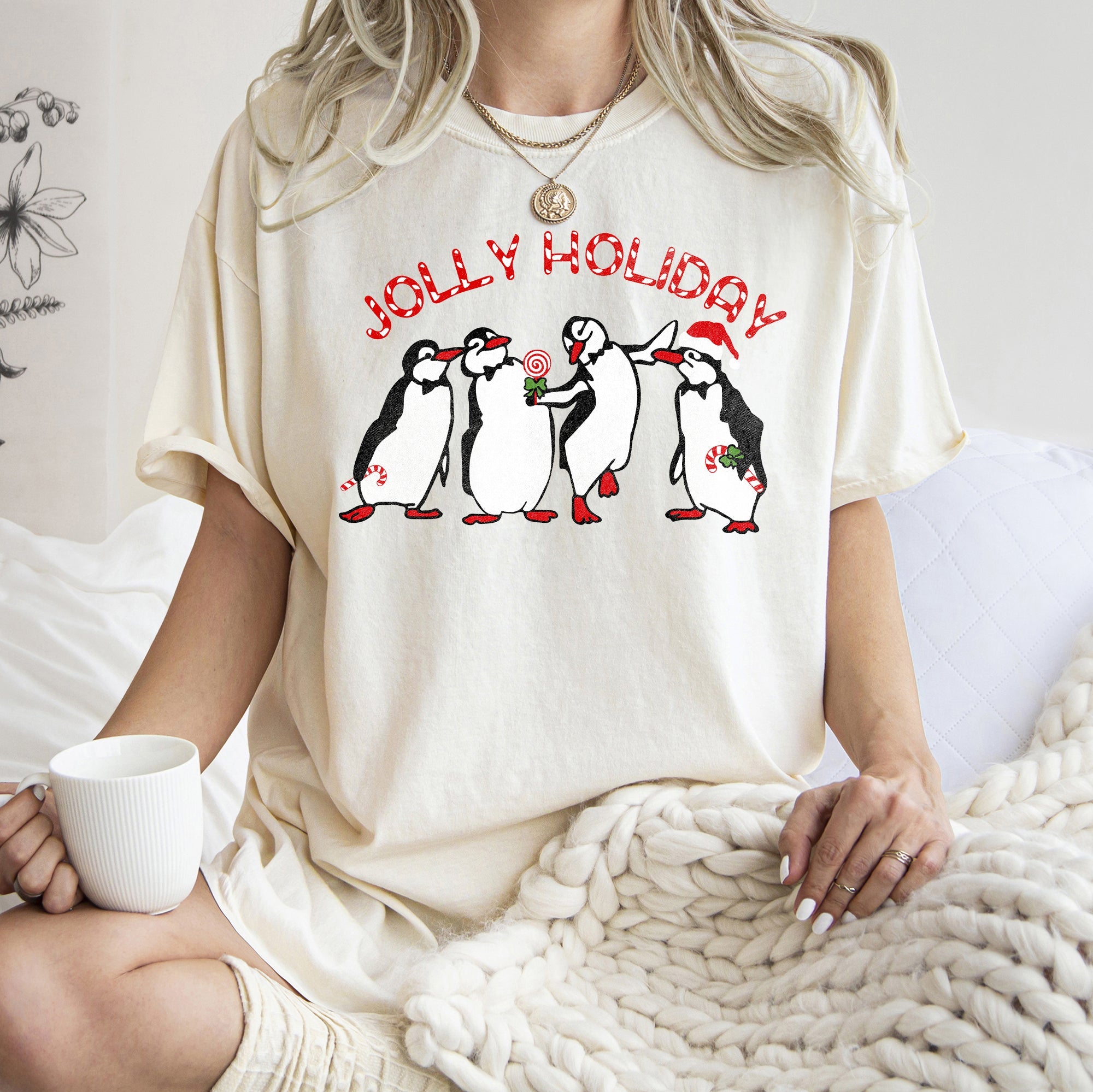 Jolly Holiday Penguins Christmas Parade In Cozy Winter Village Scene With Snowflakes And Cheer Comfort Colors Tee