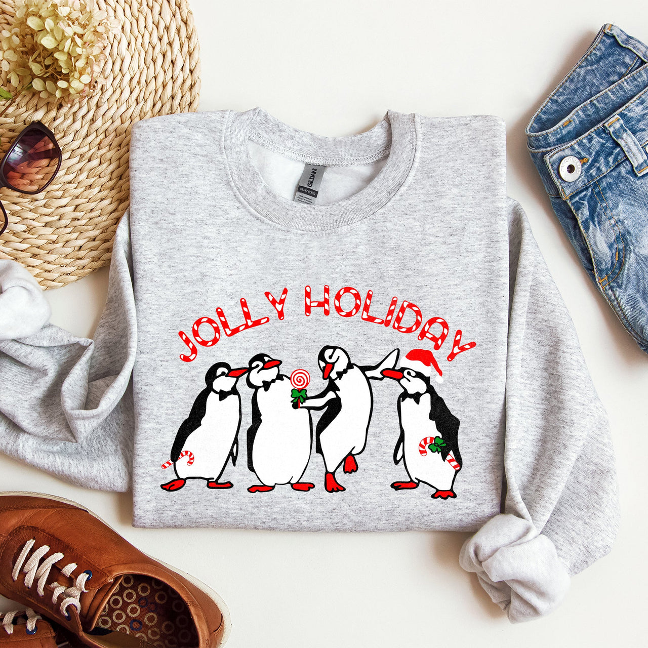 Jolly Holiday Penguins Christmas Winter Santa Cozy Scene With Snowy Parade Sweatshirt