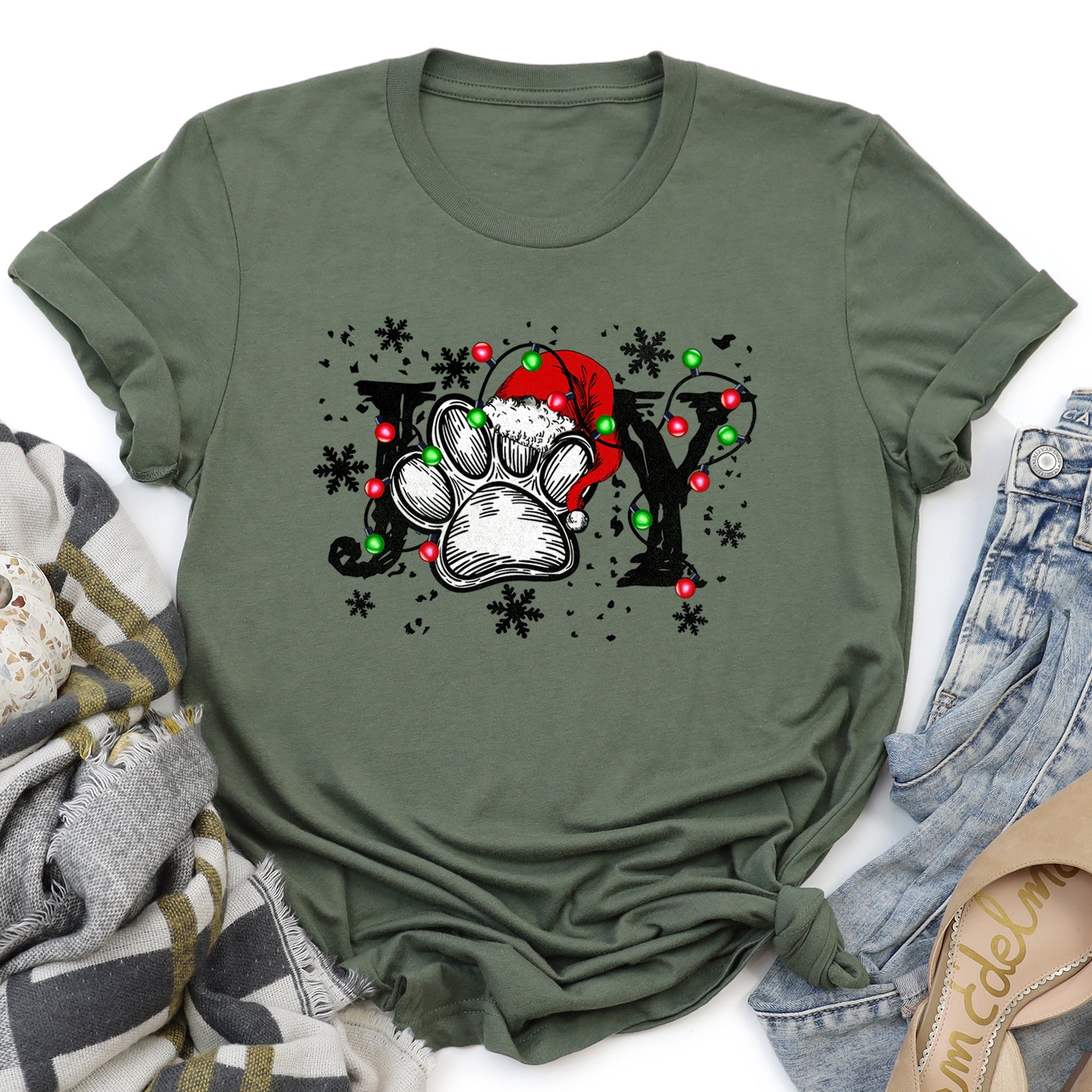 Joy Christmas Paw Print Festive Holiday Season Cheer Ultra Cozy Warmth Graphic Tee