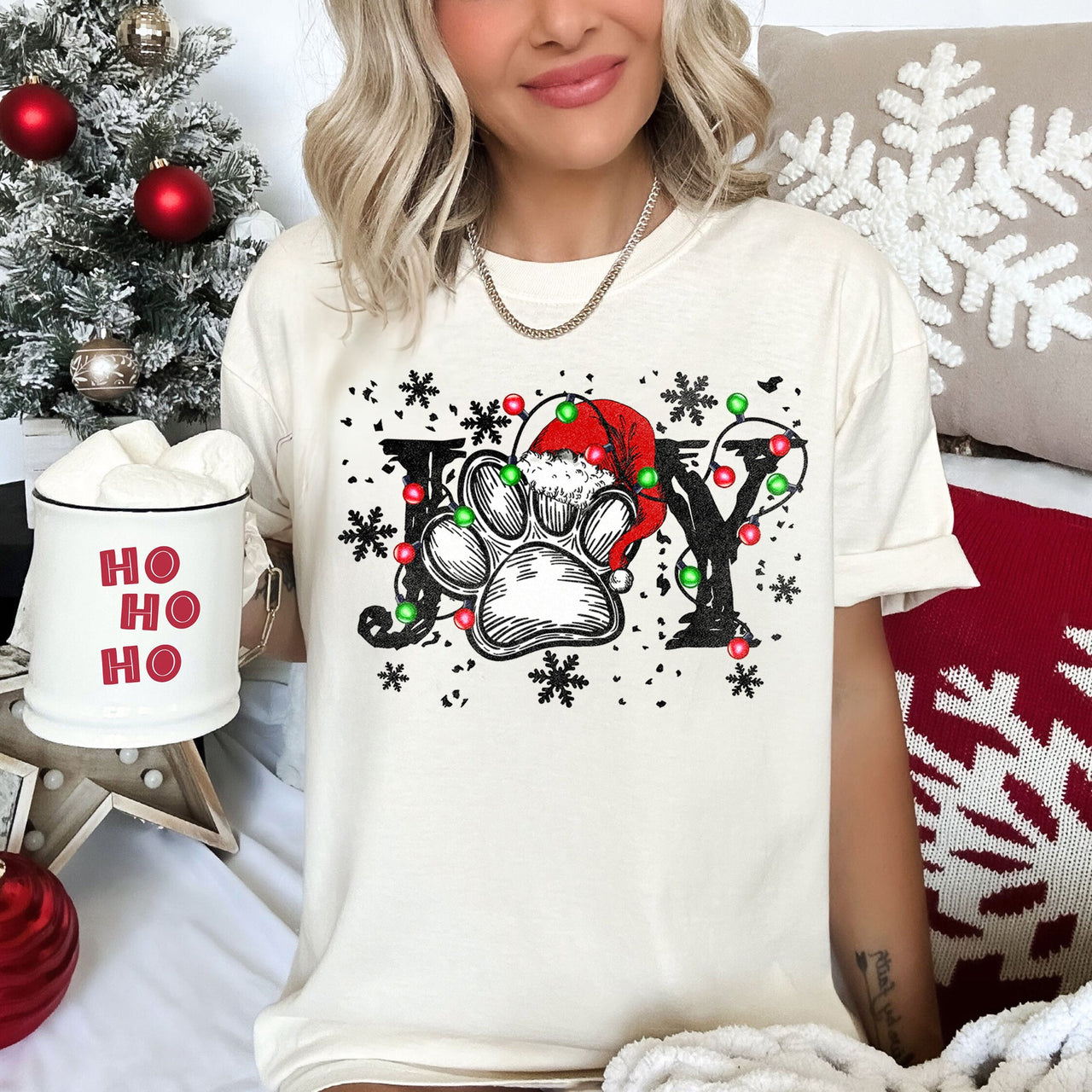 Joyful Christmas Dog Paw Print Design For Seasonal Joy And Cozy Family Moments Comfort Colors Tee