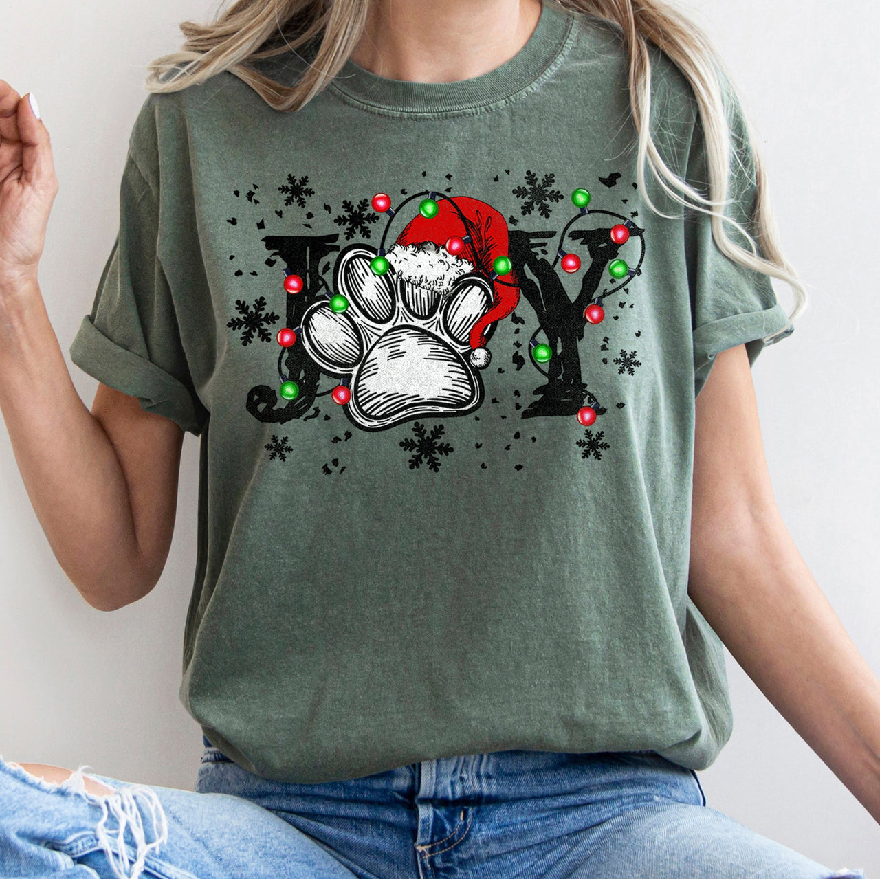 Joyful Christmas Dog Paw Print Design For Seasonal Joy And Cozy Family Moments Comfort Colors Tee