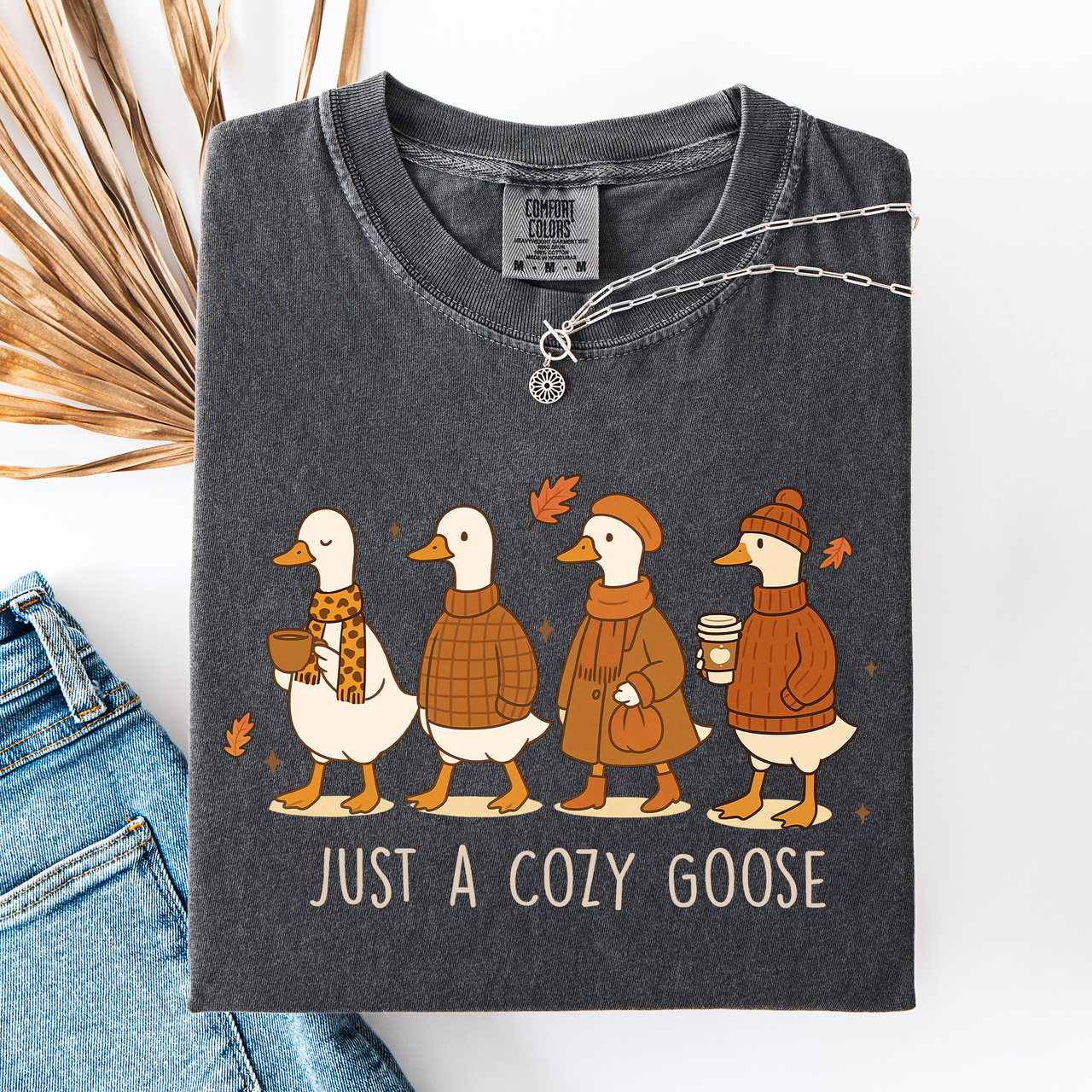 Just A Cozy Goose Autumn Watercolor Bouquet Pumpkin Spice Floral Comfort Colors Tee
