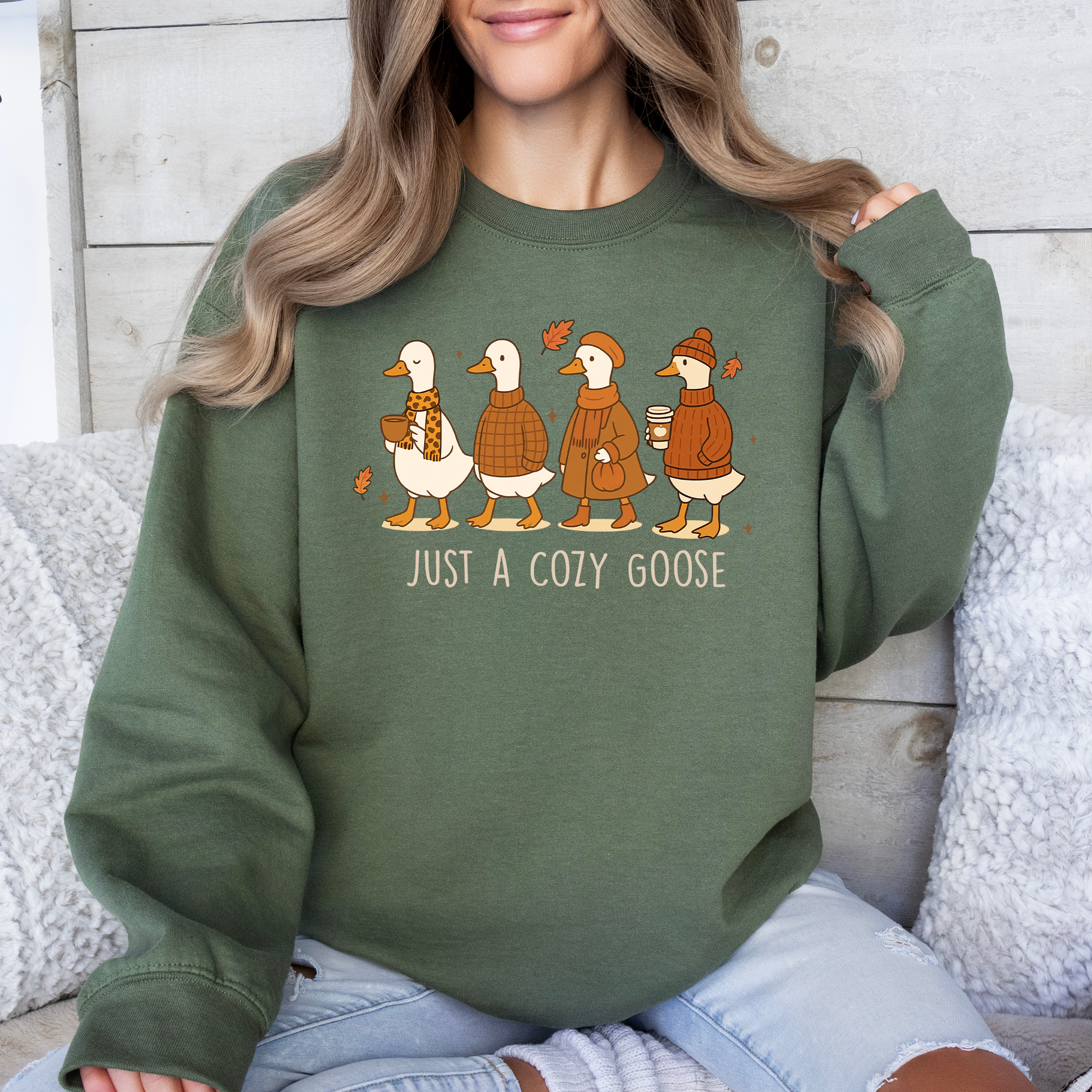 Just A Cozy Goose Autumn Floral Sunflower Pumpkin Spice Cozy Fleece Seasonal Sweatshirt