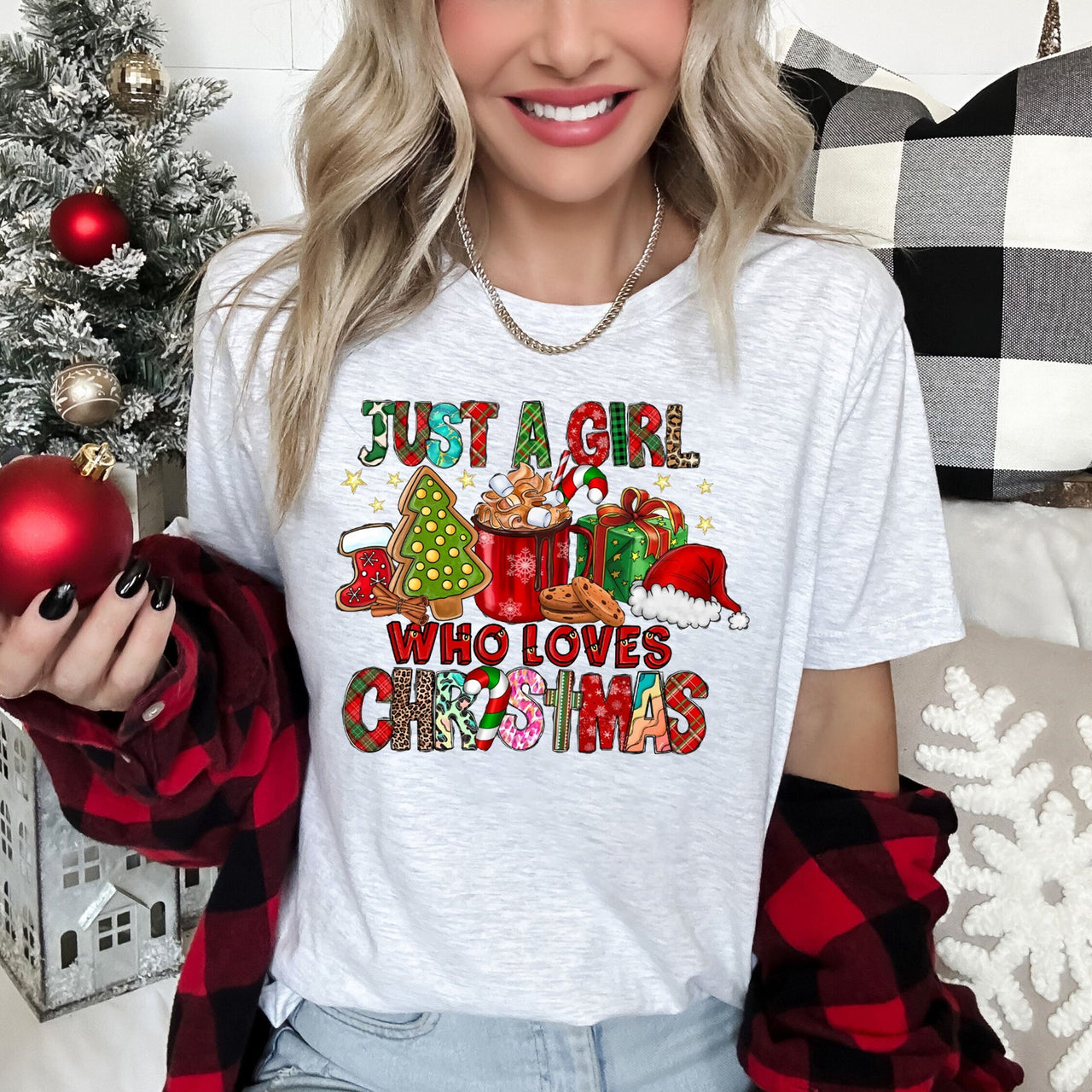 Just A Girl Who Lives Christmas Santa Hot Chocolate Coffee Festive Mood Graphic Tee