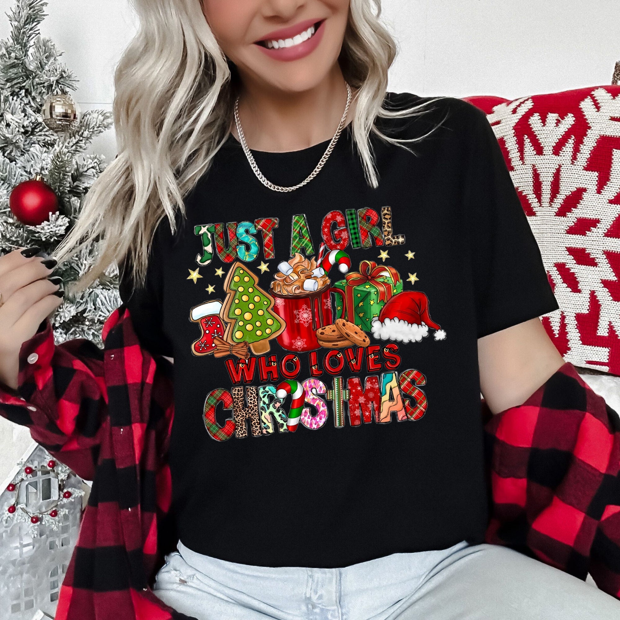 Just A Girl Who Lives Christmas Santa Hot Chocolate Coffee Festive Mood Graphic Tee