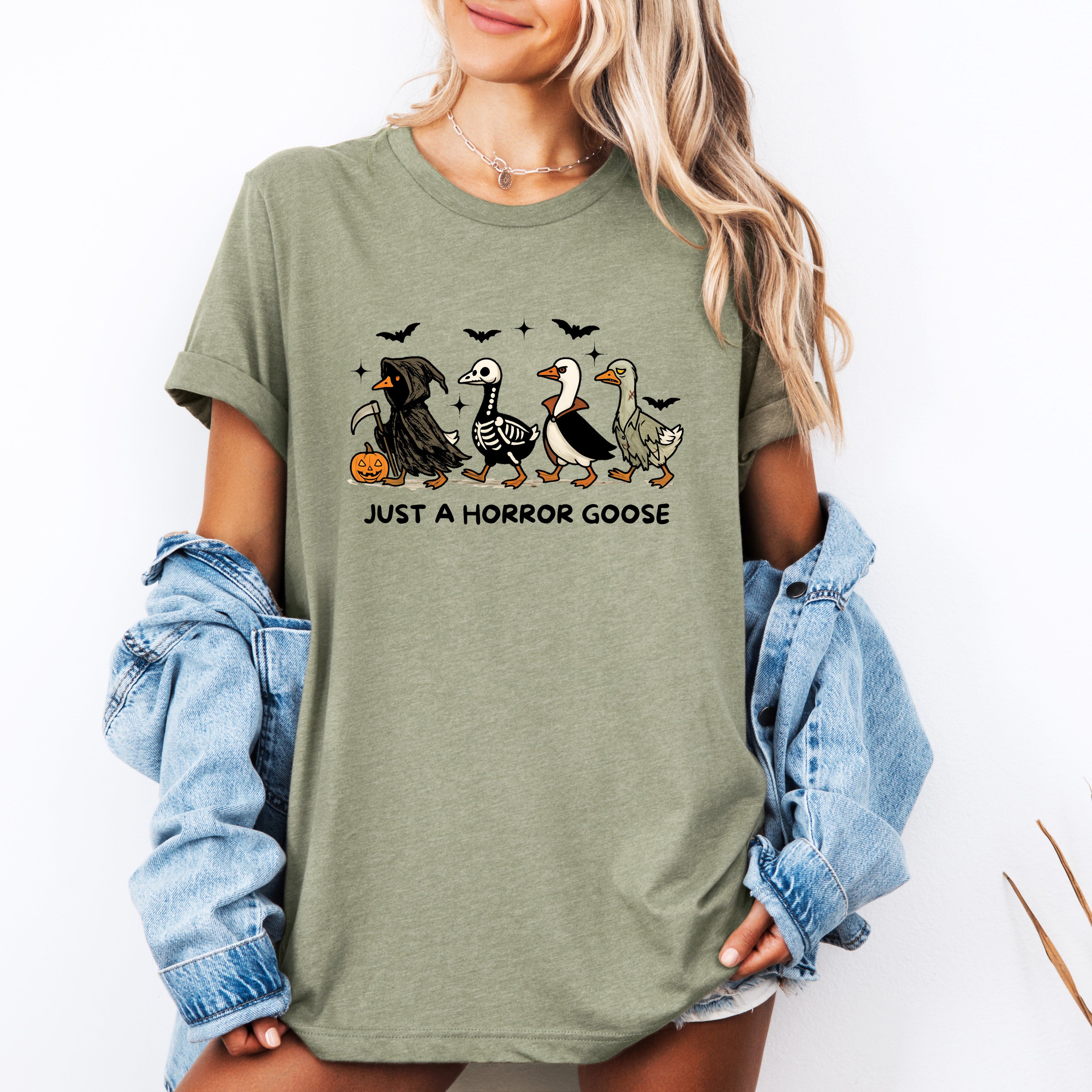 Just A Horror Goose Halloween Spooky Playful Creepy Quirky Festive Nighttime Chills Graphic Tee