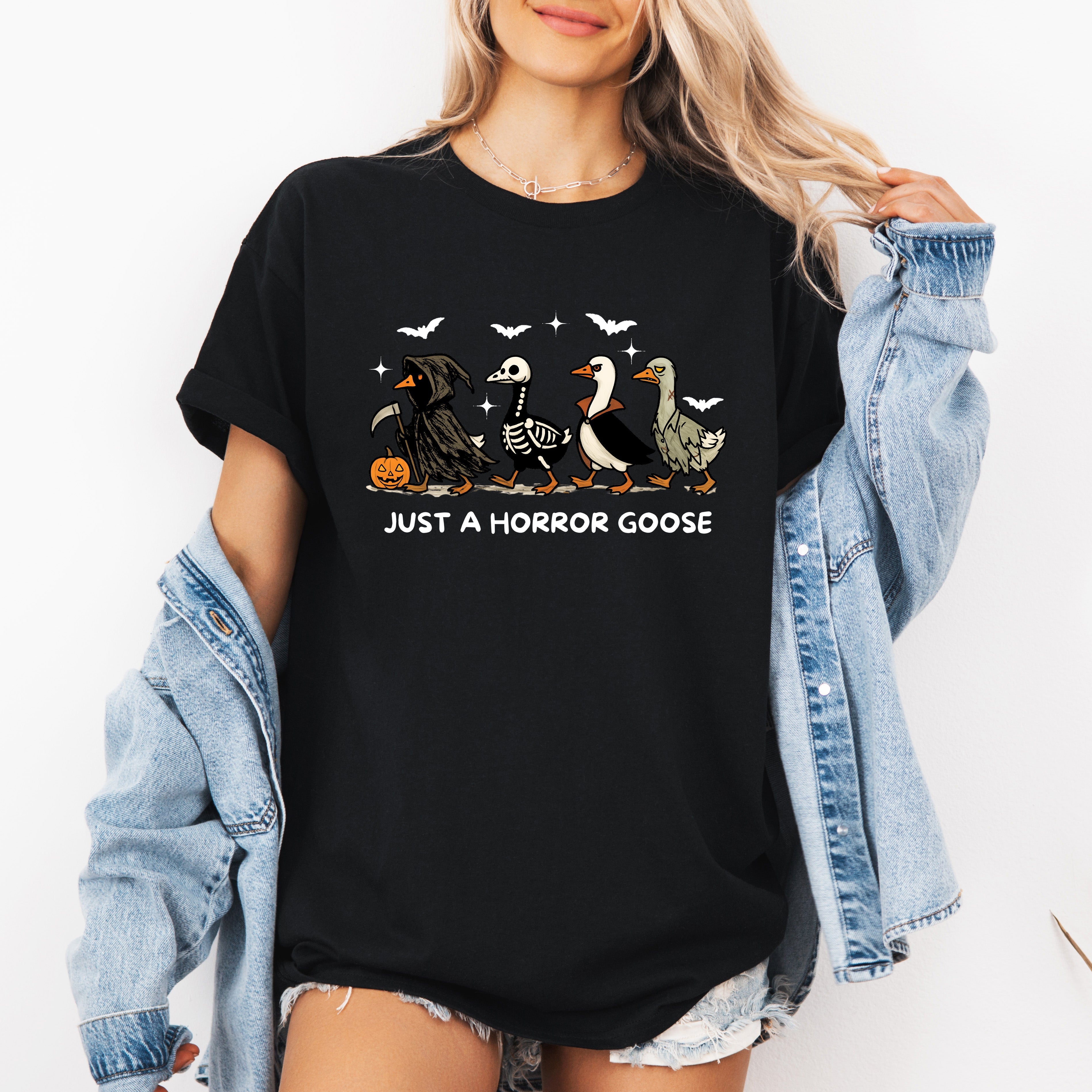 Just A Horror Goose Halloween Spooky Playful Creepy Quirky Festive Nighttime Chills Graphic Tee