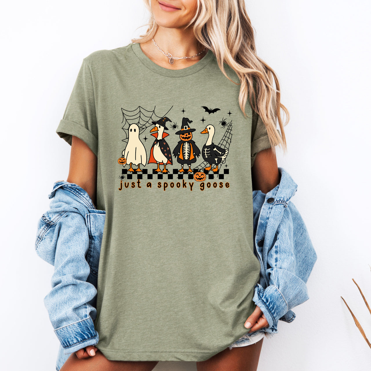 Just A Spooky Goose Checkered Halloween Spooky Fun Friendly Cute Nostalgic Graphic Tee