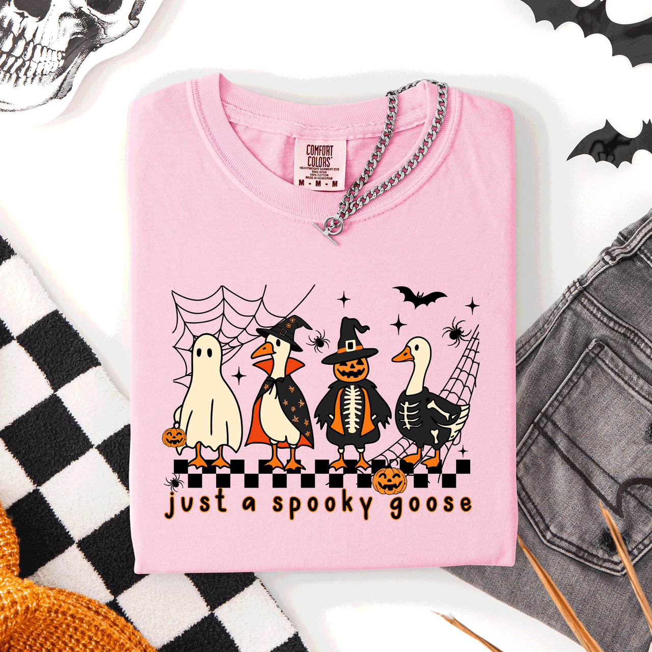 Just A Spooky Goose, Checkered, Halloween Comfort Colors Tee