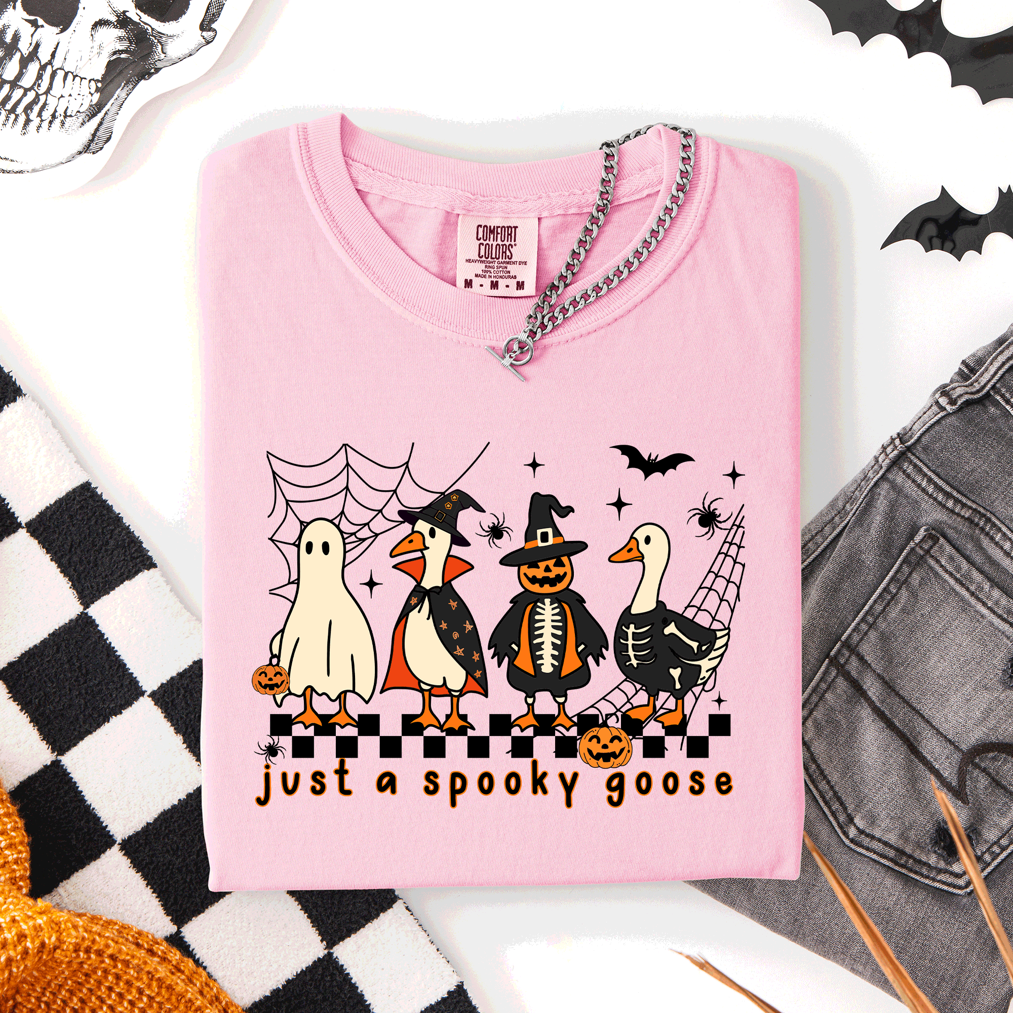 Just A Spooky Goose, Checkered, Halloween Comfort Colors Tee