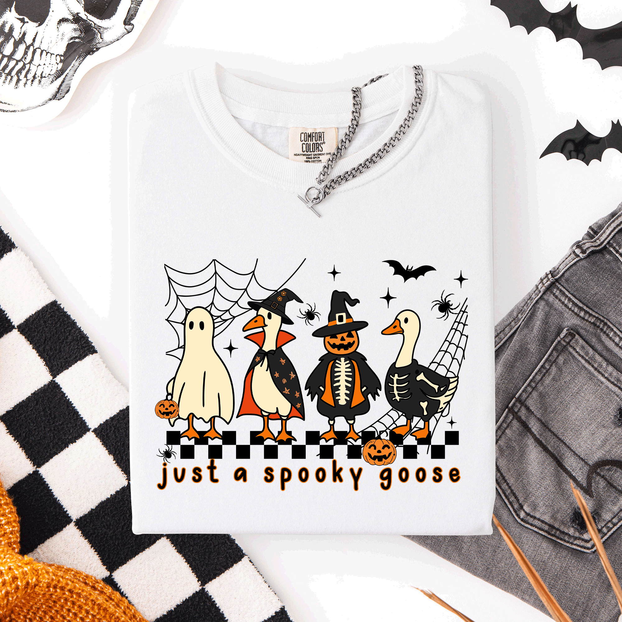 Just A Spooky Goose, Checkered, Halloween Comfort Colors Tee