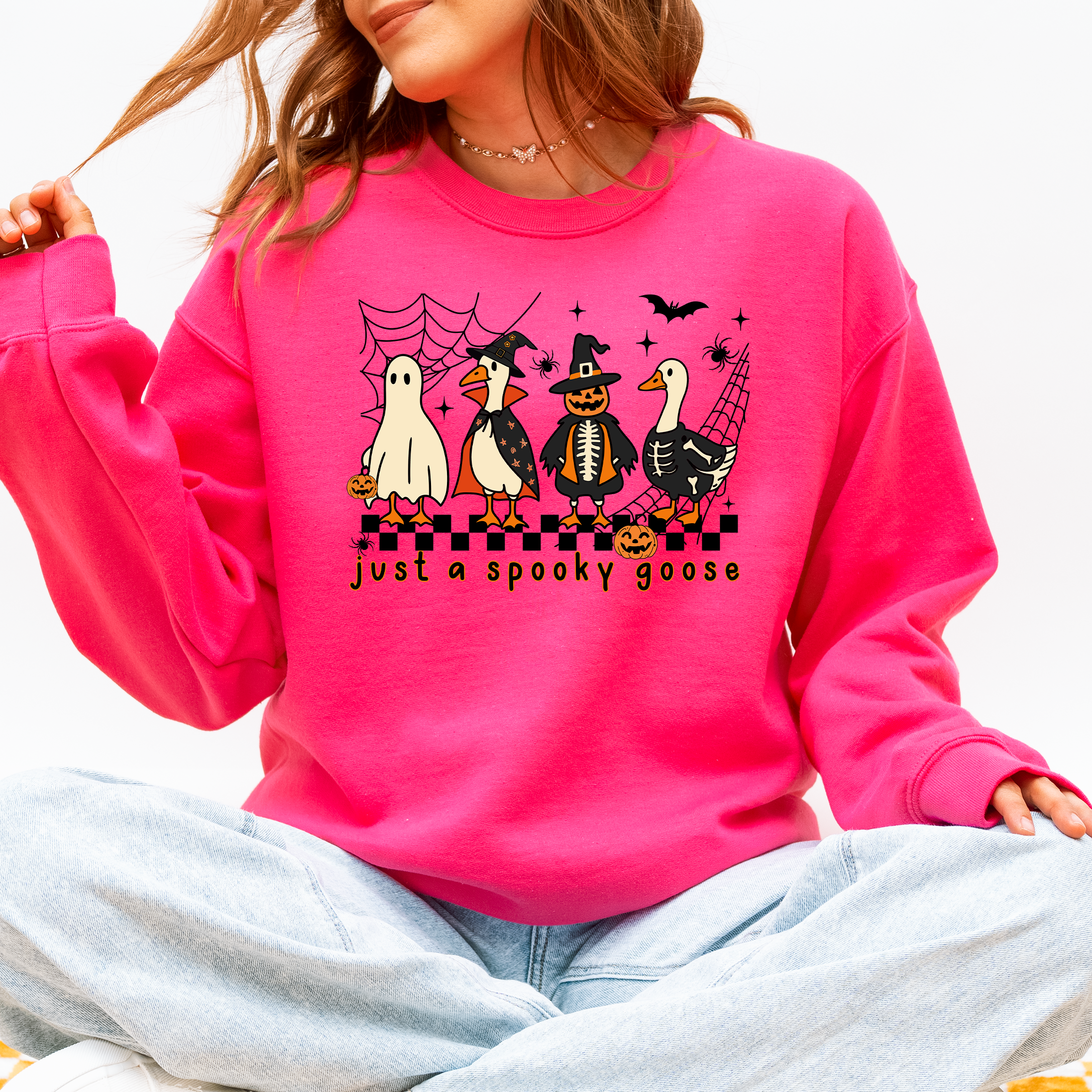 Just A Spooky Goose Checkered Halloween Design With Eerie Vibe For Cozy Fall Sweatshirt