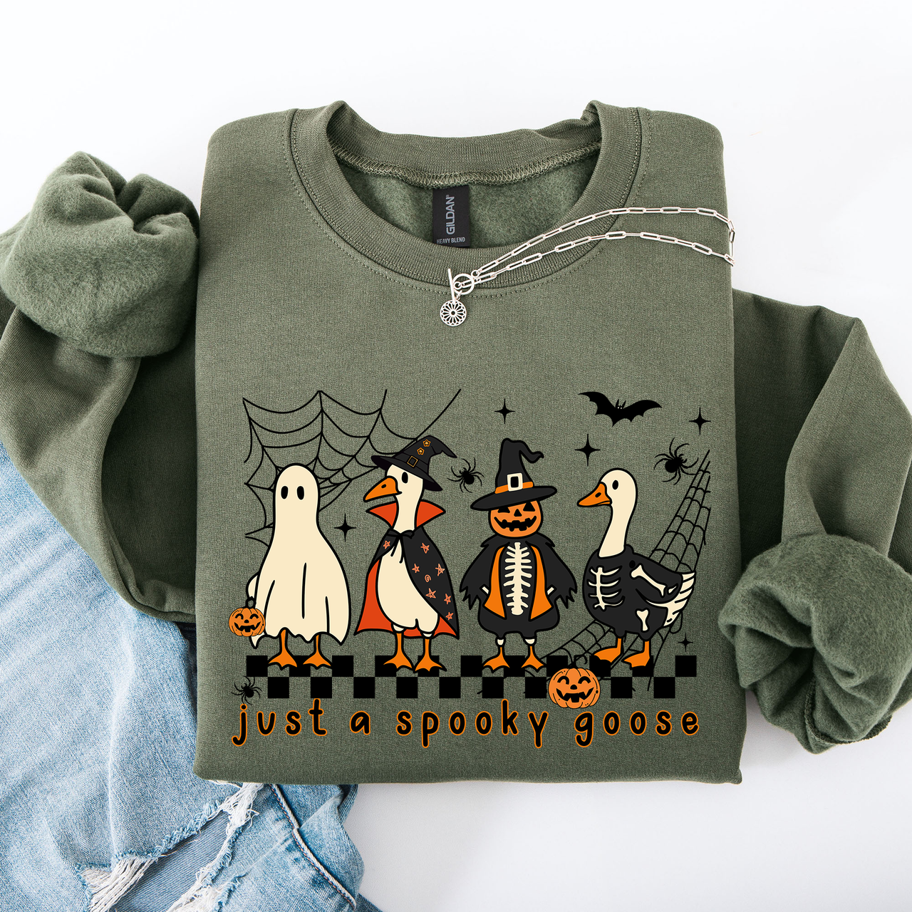 Just A Spooky Goose Checkered Halloween Design With Eerie Vibe For Cozy Fall Sweatshirt