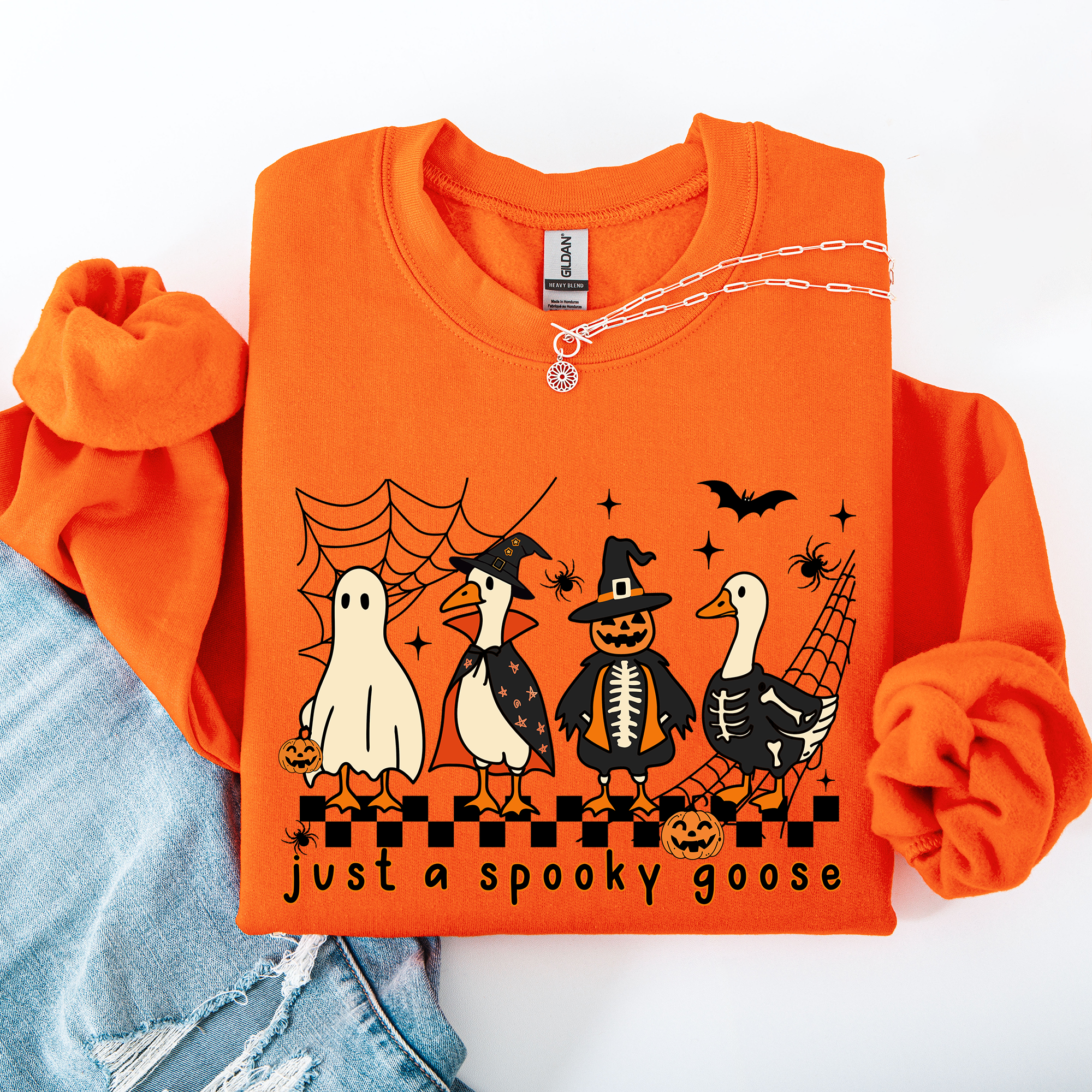 Just A Spooky Goose Checkered Halloween Design With Eerie Vibe For Cozy Fall Sweatshirt
