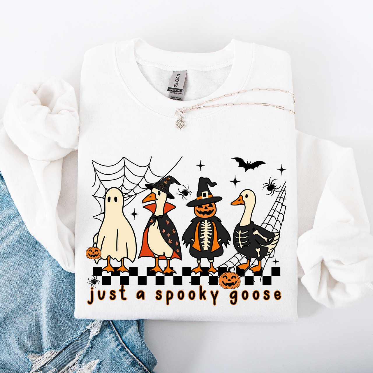 Just A Spooky Goose Checkered Halloween Design With Eerie Vibe For Cozy Fall Sweatshirt