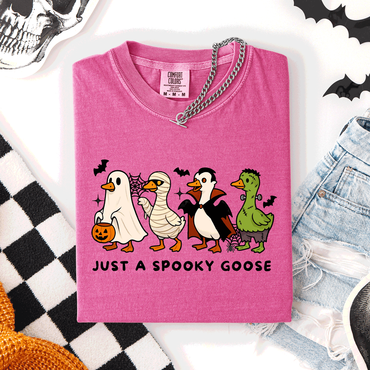 Just A Spooky Goose Comfort Colors Tee Featuring Dracula Vampire Ghost And Mummy Halloween Design