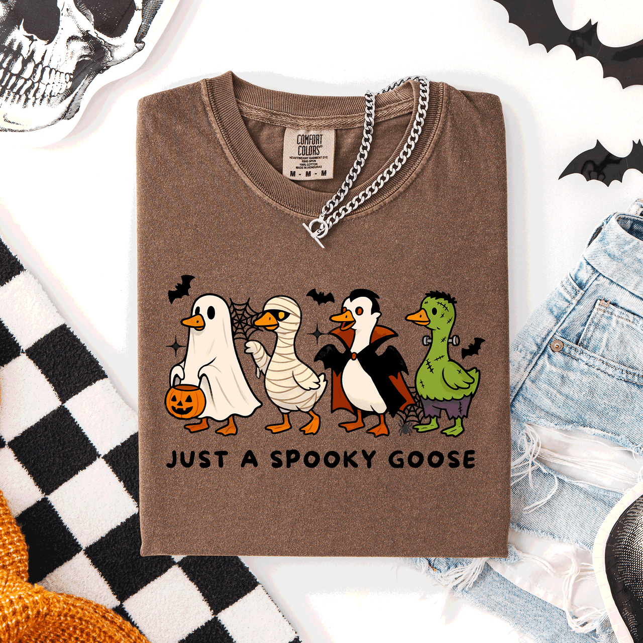 Just A Spooky Goose Comfort Colors Tee Featuring Dracula Vampire Ghost And Mummy Halloween Design