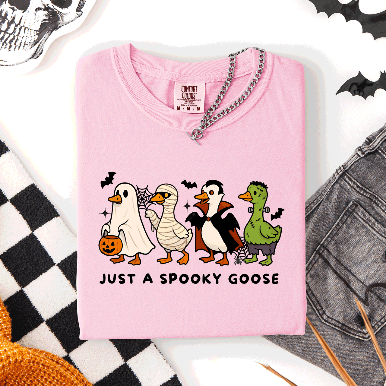Just A Spooky Goose Comfort Colors Tee Featuring Dracula Vampire Ghost And Mummy Halloween Design