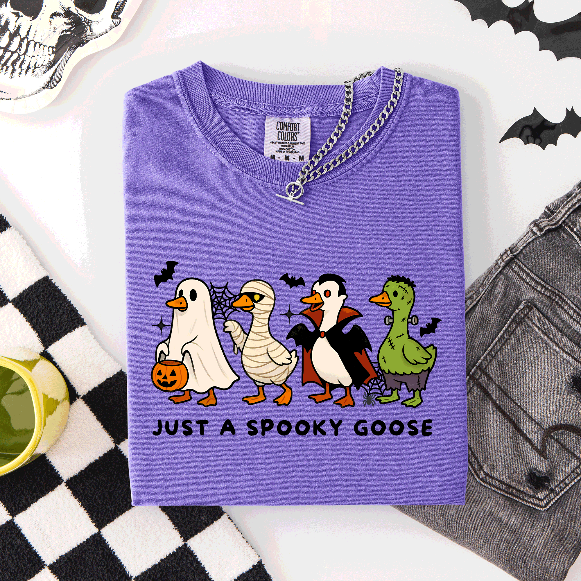 Just A Spooky Goose Comfort Colors Tee Featuring Dracula Vampire Ghost And Mummy Halloween Design