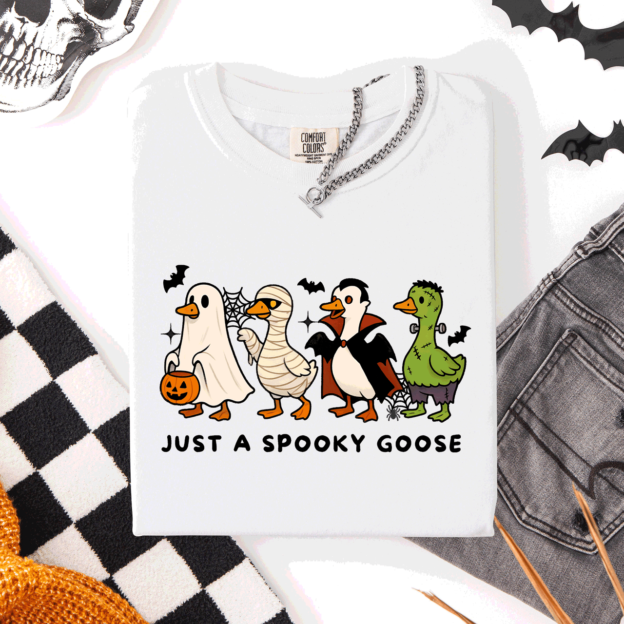 Just A Spooky Goose Comfort Colors Tee Featuring Dracula Vampire Ghost And Mummy Halloween Design
