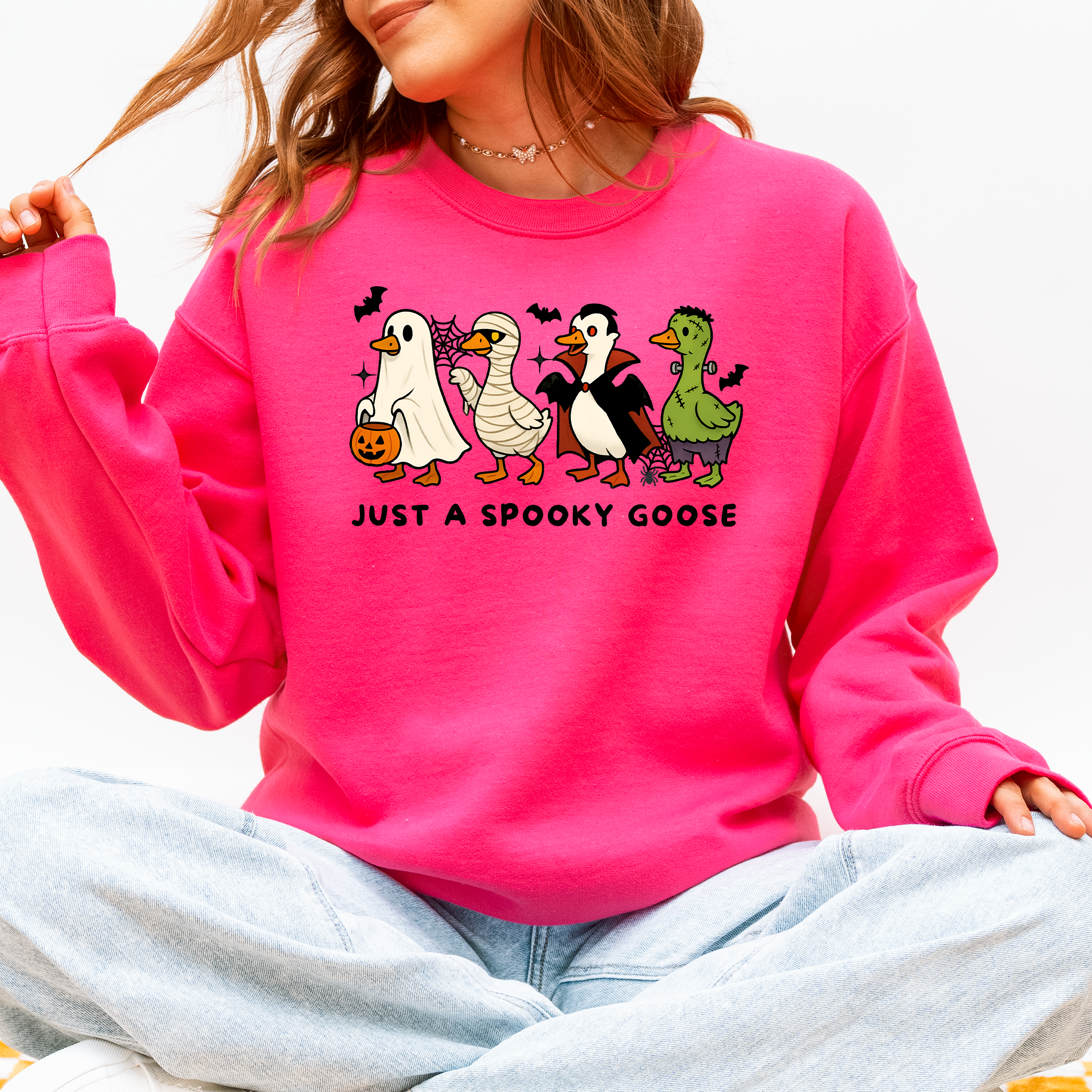 Just A Spooky Goose Dracula Vampire Ghost Mummy Halloween Themed Graphic Sweatshirt