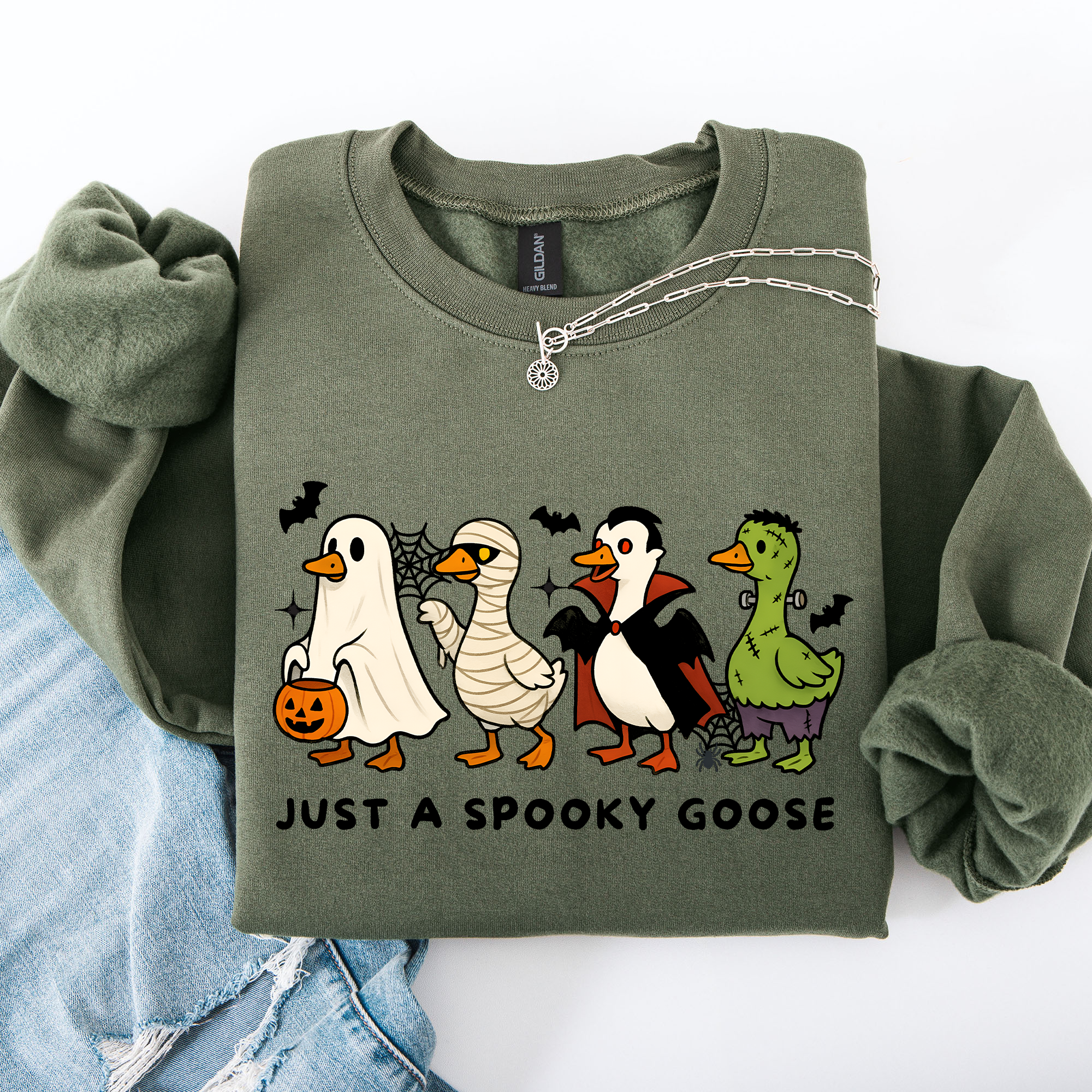 Just A Spooky Goose Dracula Vampire Ghost Mummy Halloween Themed Graphic Sweatshirt