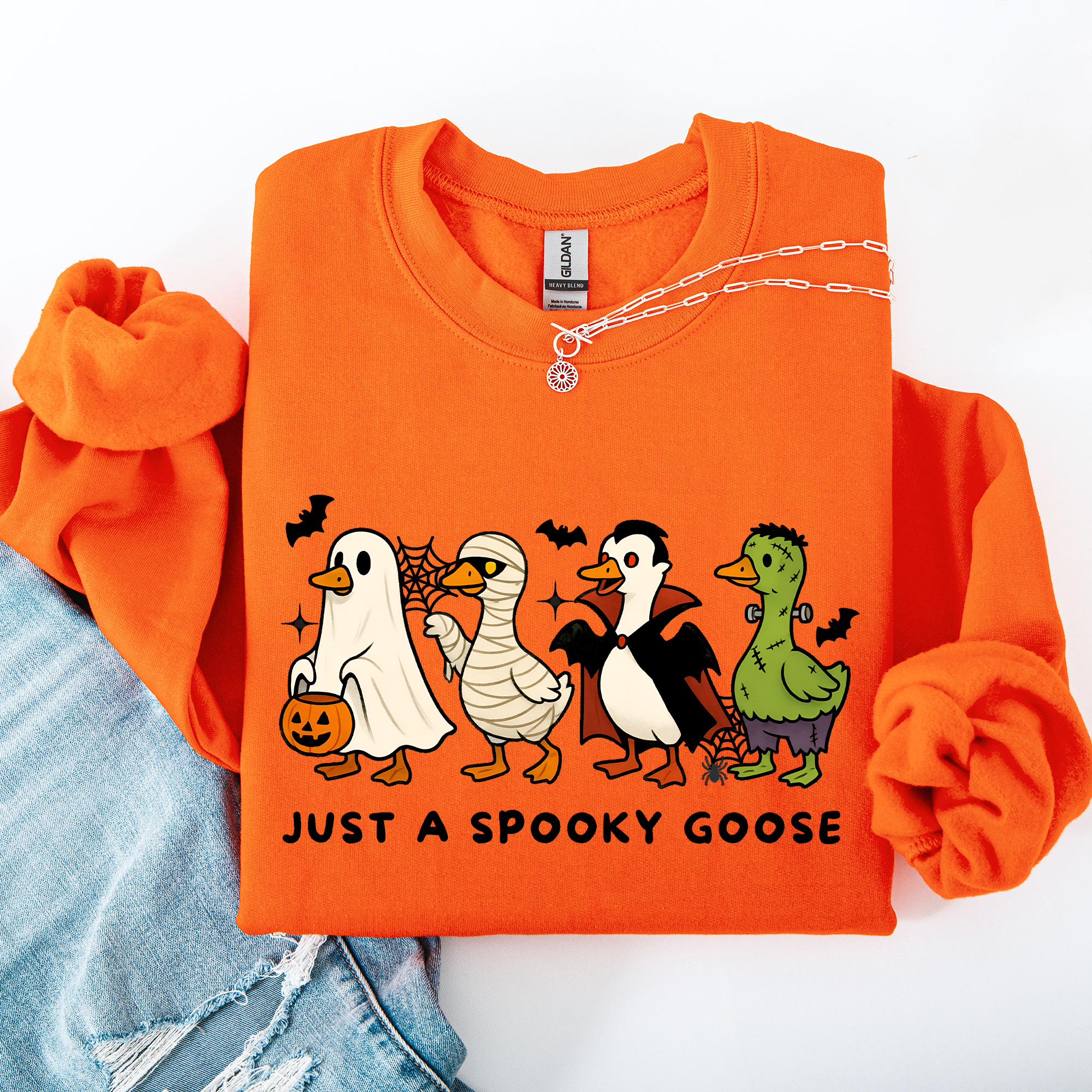 Just A Spooky Goose Dracula Vampire Ghost Mummy Halloween Themed Graphic Sweatshirt