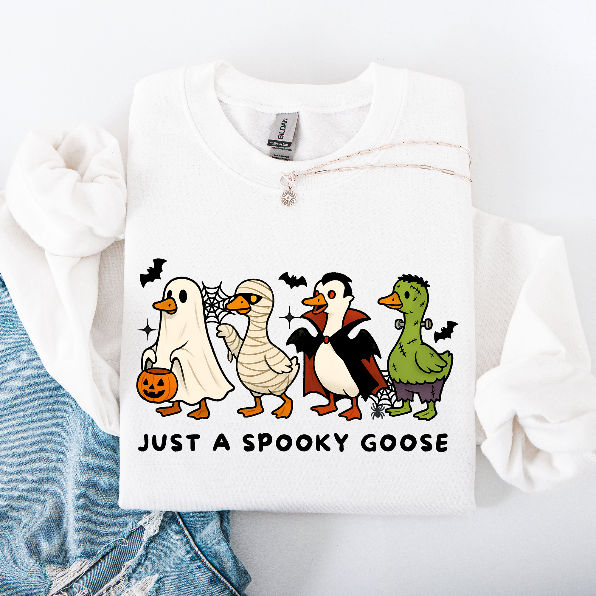 Just A Spooky Goose Dracula Vampire Ghost Mummy Halloween Themed Graphic Sweatshirt