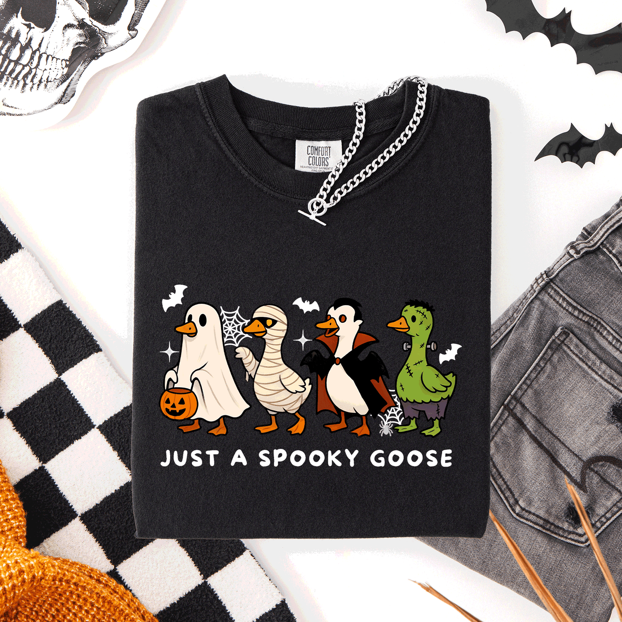 Just A Spooky Goose Comfort Colors Tee Featuring Dracula Vampire Ghost And Mummy Halloween Design