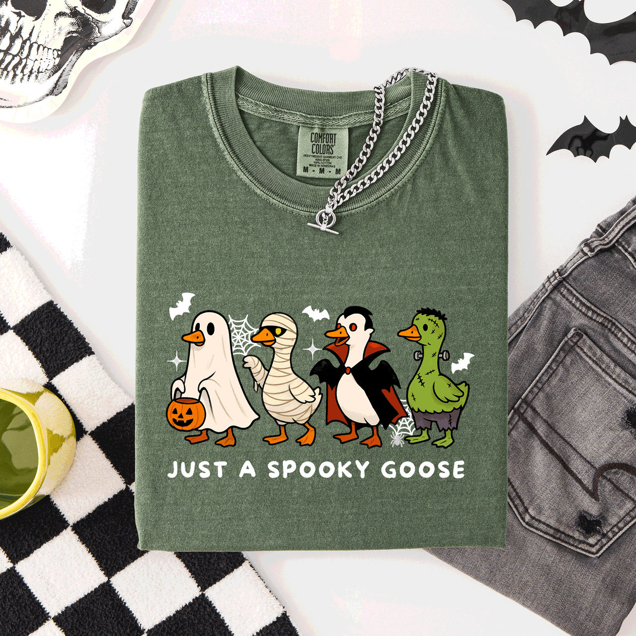 Just A Spooky Goose Comfort Colors Tee Featuring Dracula Vampire Ghost And Mummy Halloween Design