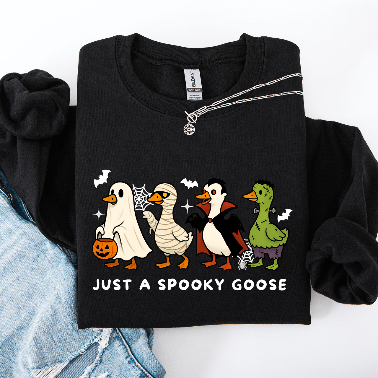 Just A Spooky Goose Dracula Vampire Ghost Mummy Halloween Themed Graphic Sweatshirt