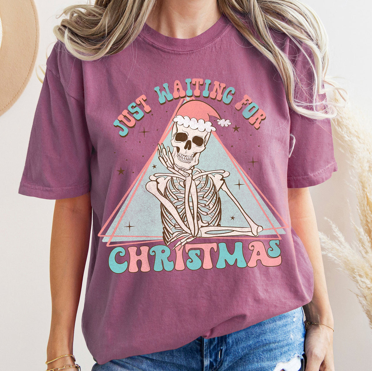 Just Waiting For Christmas Skeleton Retro Classic Graphic Artwork Comfort Colors Tee